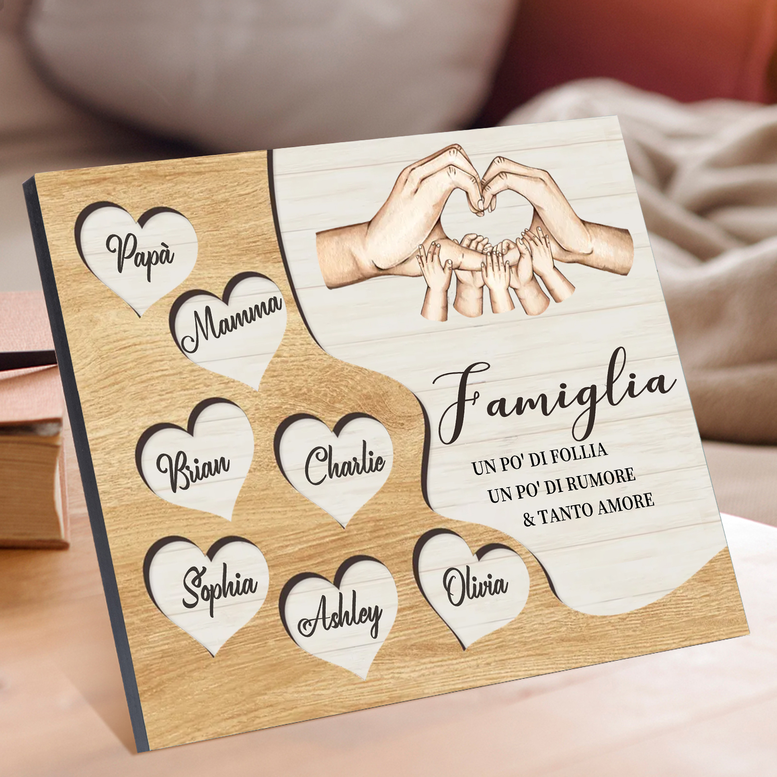 Targa Natalizia Personalizzata con Mani Unite in Legno – Nomi Personalizzati 2-7, Cuore e Famiglia – Regalo di Natale per la Famiglia | Jessemade