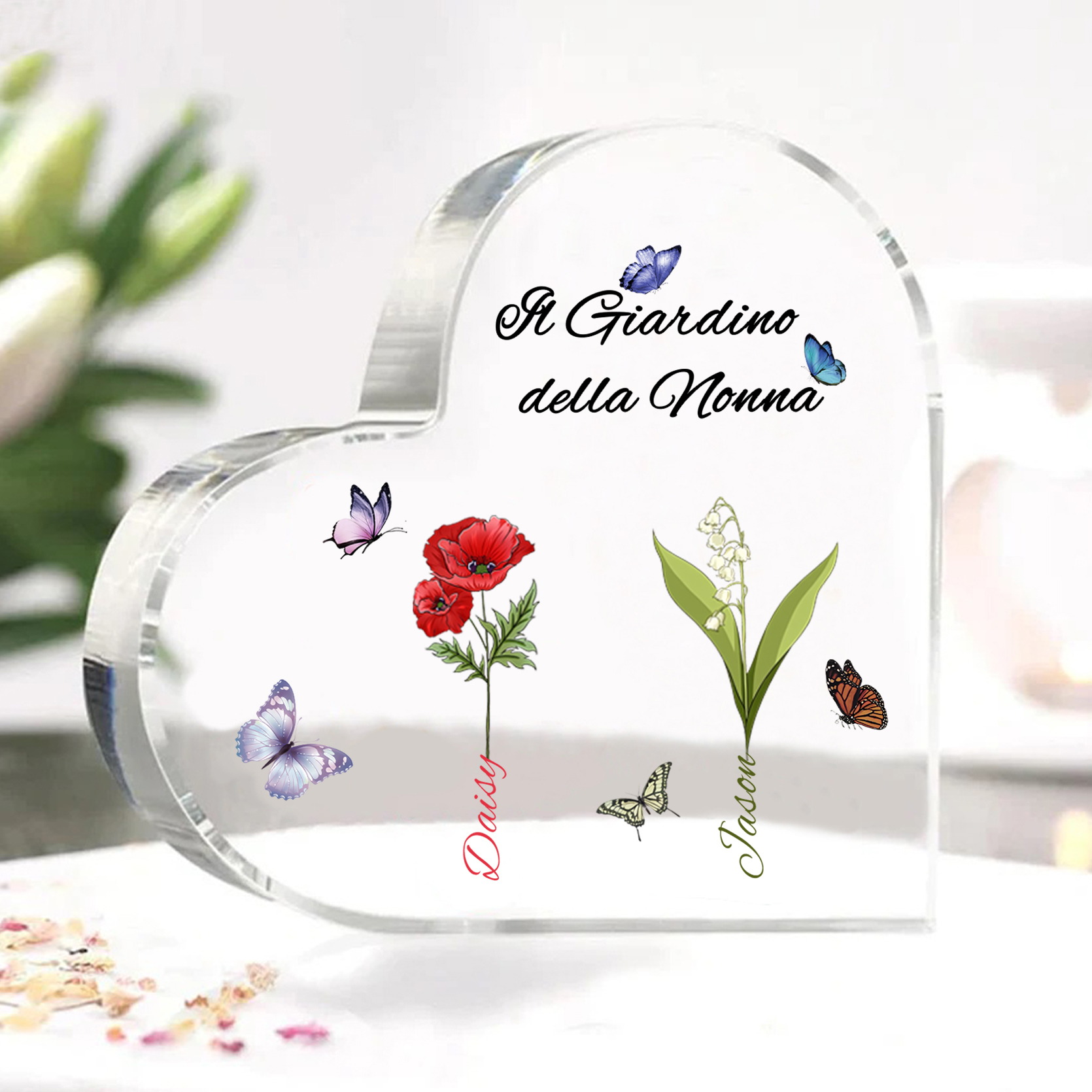 Targa Cuore in Acrilico Personalizzata - 2 Nome e Testo Personalizzati, Regalo per Famiglia | Jessemade