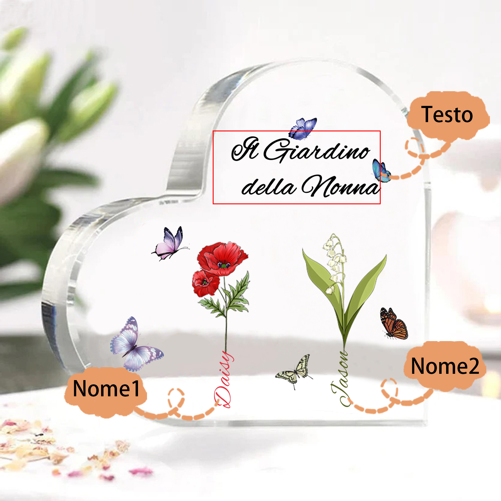 Targa Cuore in Acrilico Personalizzata - 2 Nome e Testo Personalizzati, Regalo per Famiglia | Jessemade