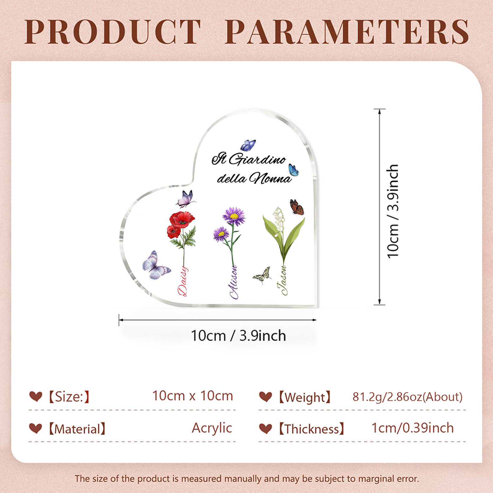 Targa Cuore in Acrilico Personalizzata - 3 Nome e Testo Personalizzati, Regalo per Famiglia | Jessemade