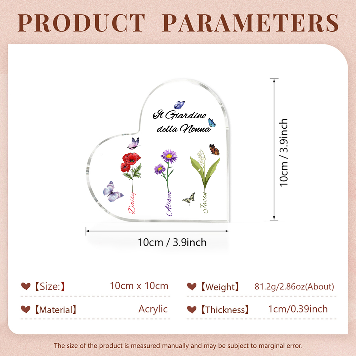 Targa Cuore in Acrilico Personalizzata - 3 Nome e Testo Personalizzati, Regalo per Famiglia | Jessemade