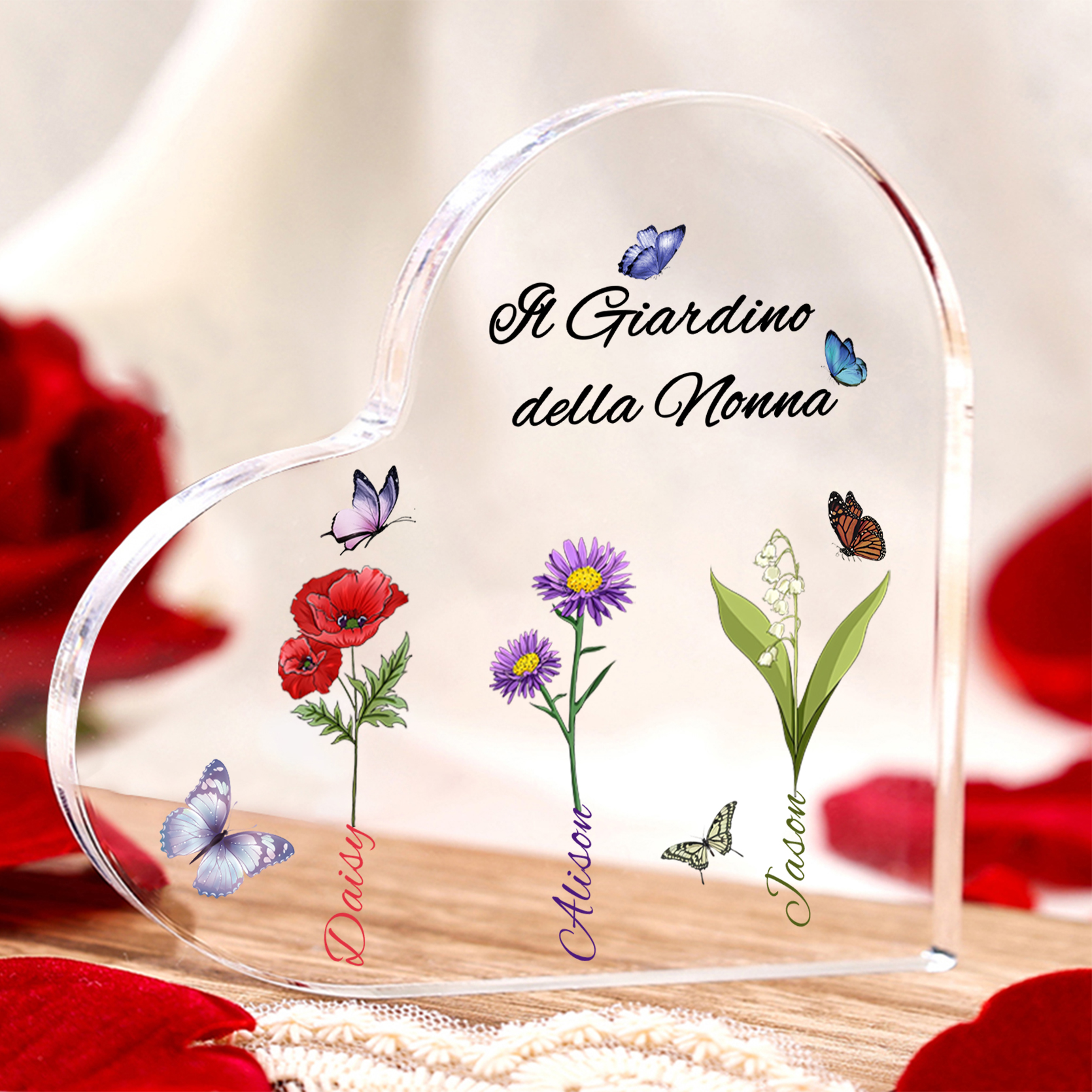 Targa Cuore in Acrilico Personalizzata - 3 Nome e Testo Personalizzati, Regalo per Famiglia | Jessemade