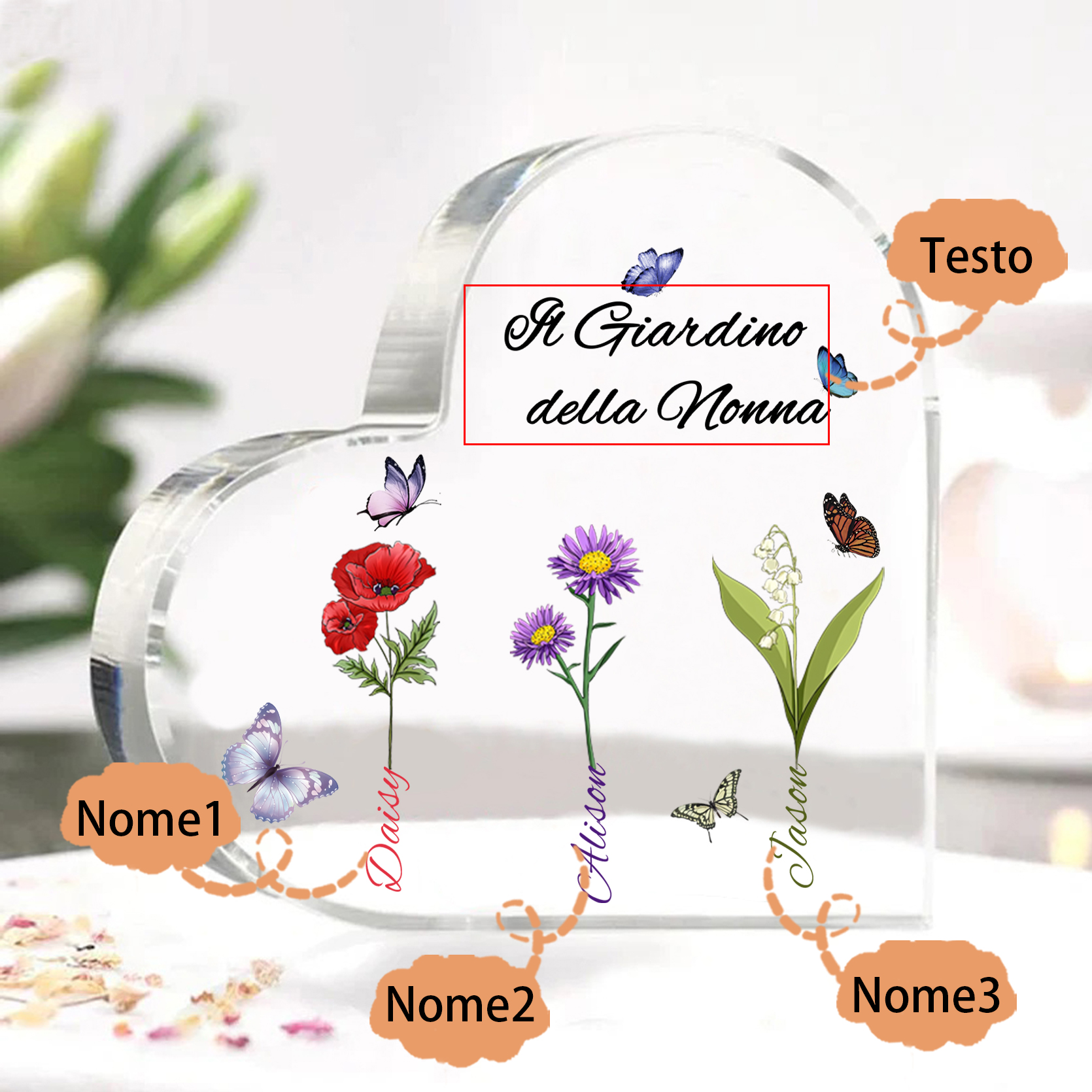 Targa Cuore in Acrilico Personalizzata - 3 Nome e Testo Personalizzati, Regalo per Famiglia | Jessemade