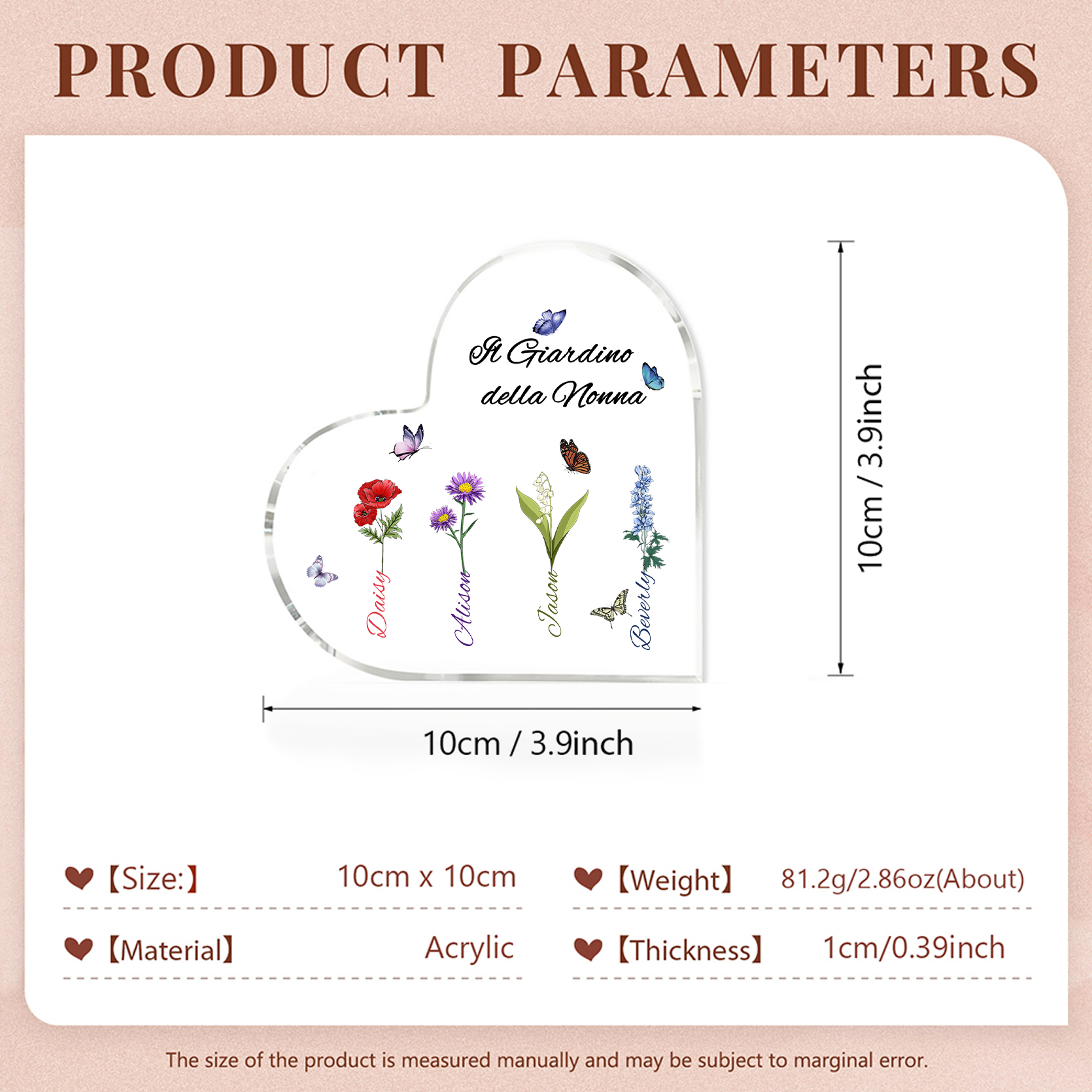Targa Cuore in Acrilico Personalizzata - 4 Nome e Testo Personalizzati, Regalo per Famiglia | Jessemade