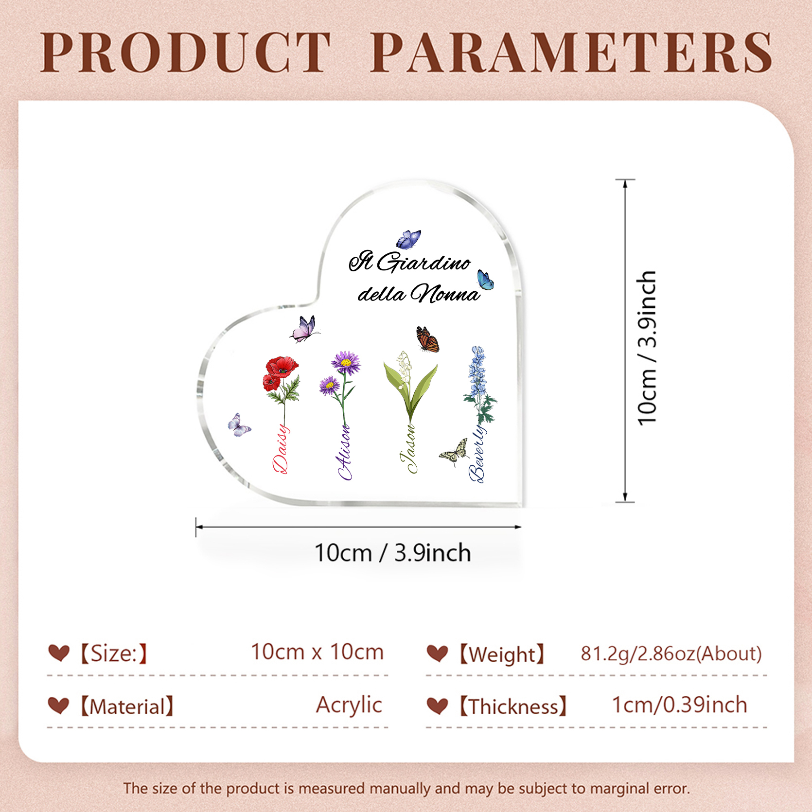 Targa Cuore in Acrilico Personalizzata - 4 Nome e Testo Personalizzati, Regalo per Famiglia | Jessemade