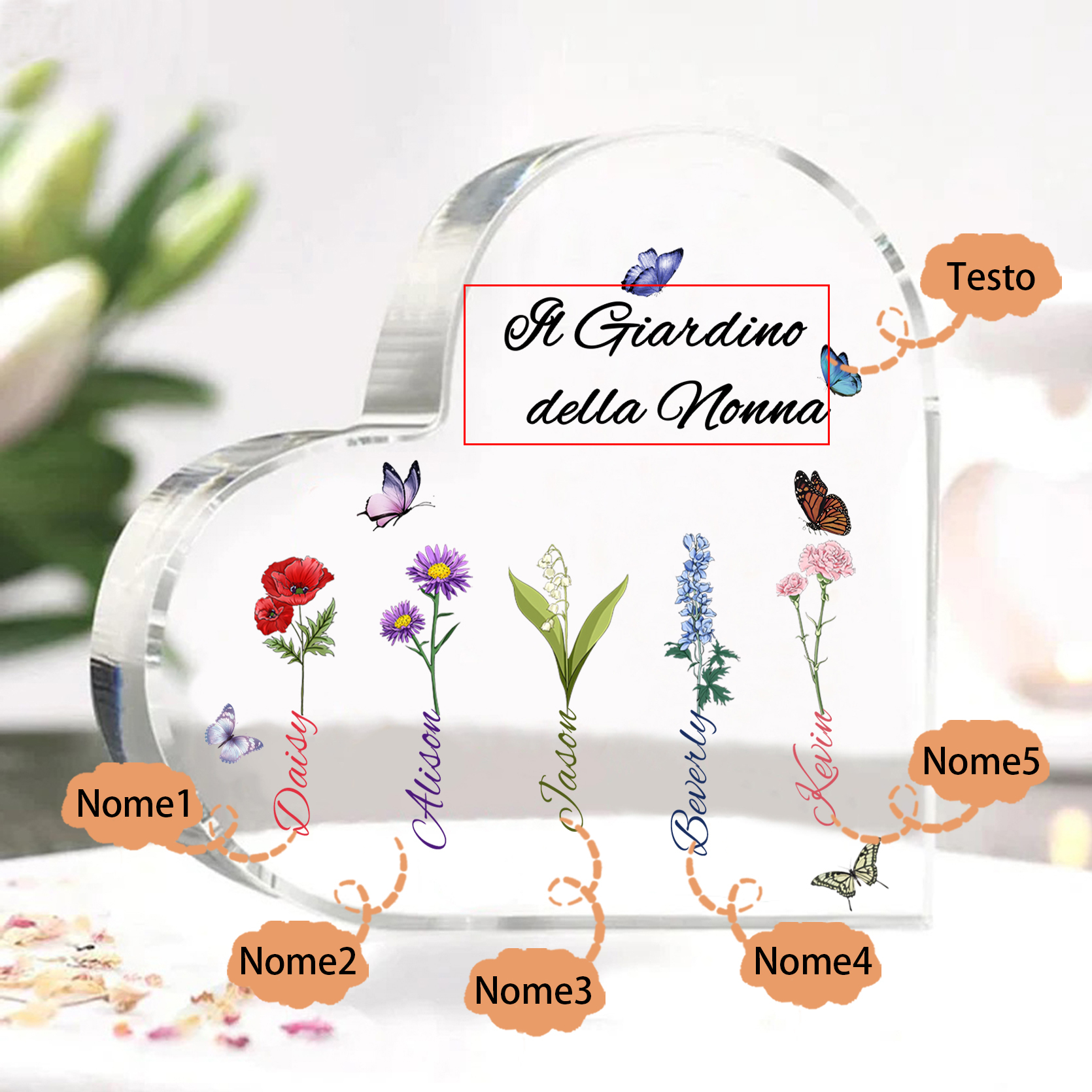 Targa Cuore in Acrilico Personalizzata - 5 Nome e Testo Personalizzati, Regalo per Famiglia | Jessemade