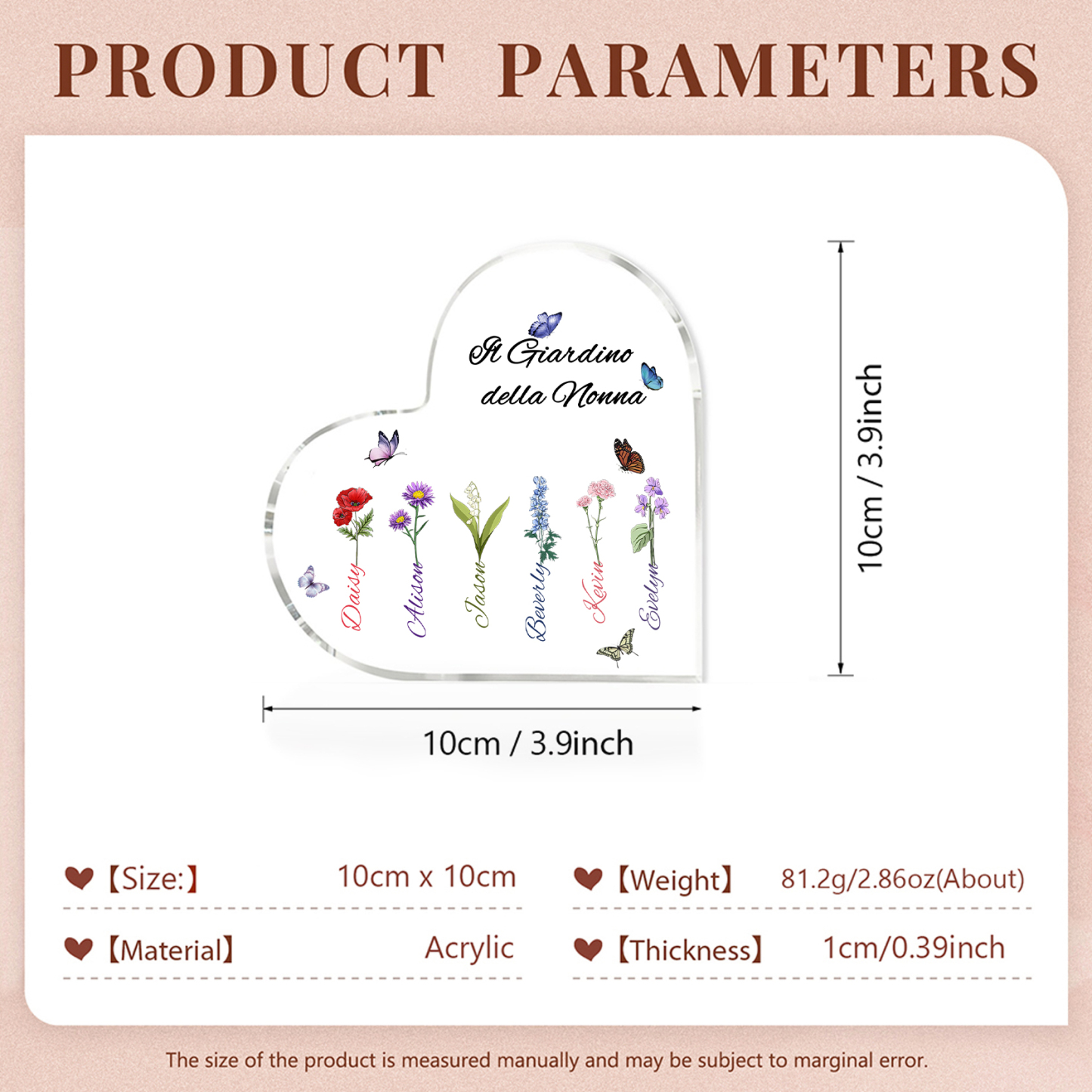 Targa Cuore in Acrilico Personalizzata - 6 Nome e Testo Personalizzati, Regalo per Famiglia | Jessemade