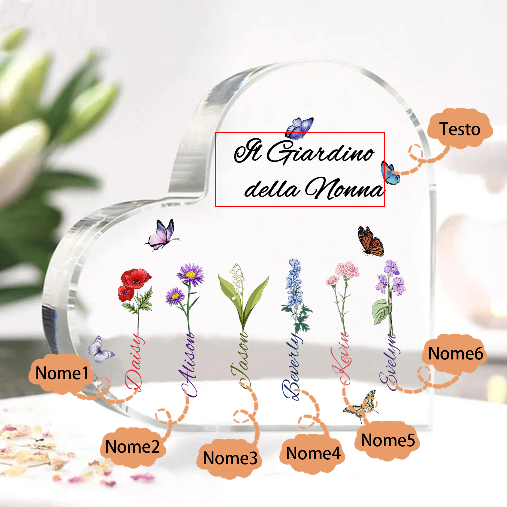 Targa Cuore in Acrilico Personalizzata - 6 Nome e Testo Personalizzati, Regalo per Famiglia | Jessemade