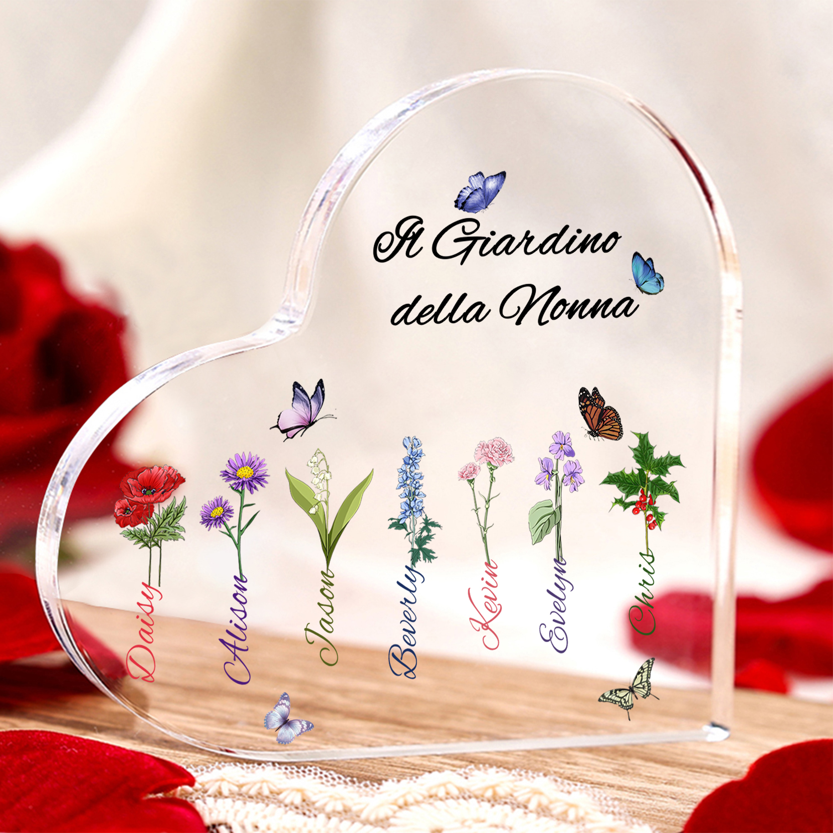 Targa Cuore in Acrilico Personalizzata - 7 Nome e Testo Personalizzati, Regalo per Famiglia | Jessemade