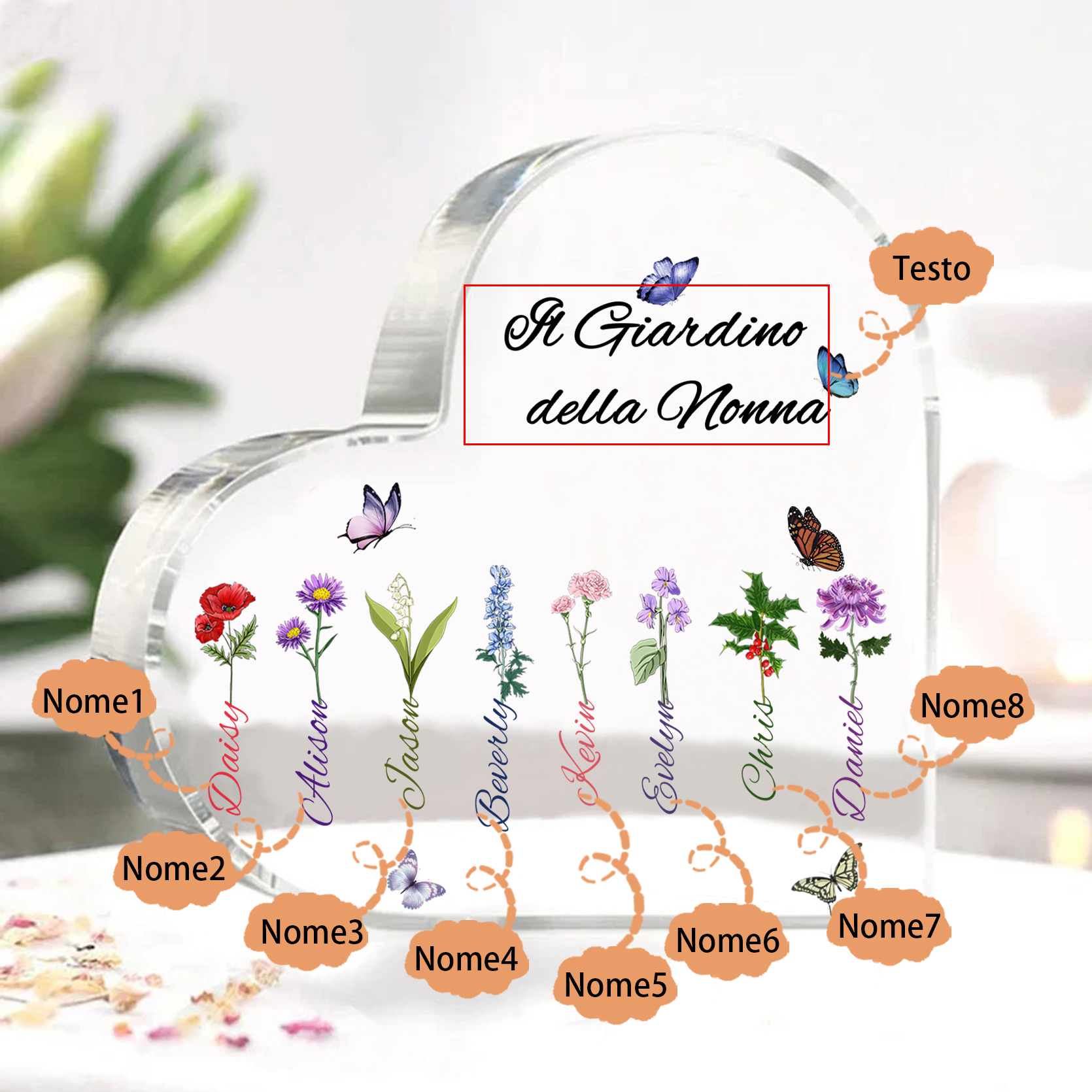 Targa Cuore in Acrilico Personalizzata - 8 Nome e Testo Personalizzati, Regalo per Famiglia | Jessemade