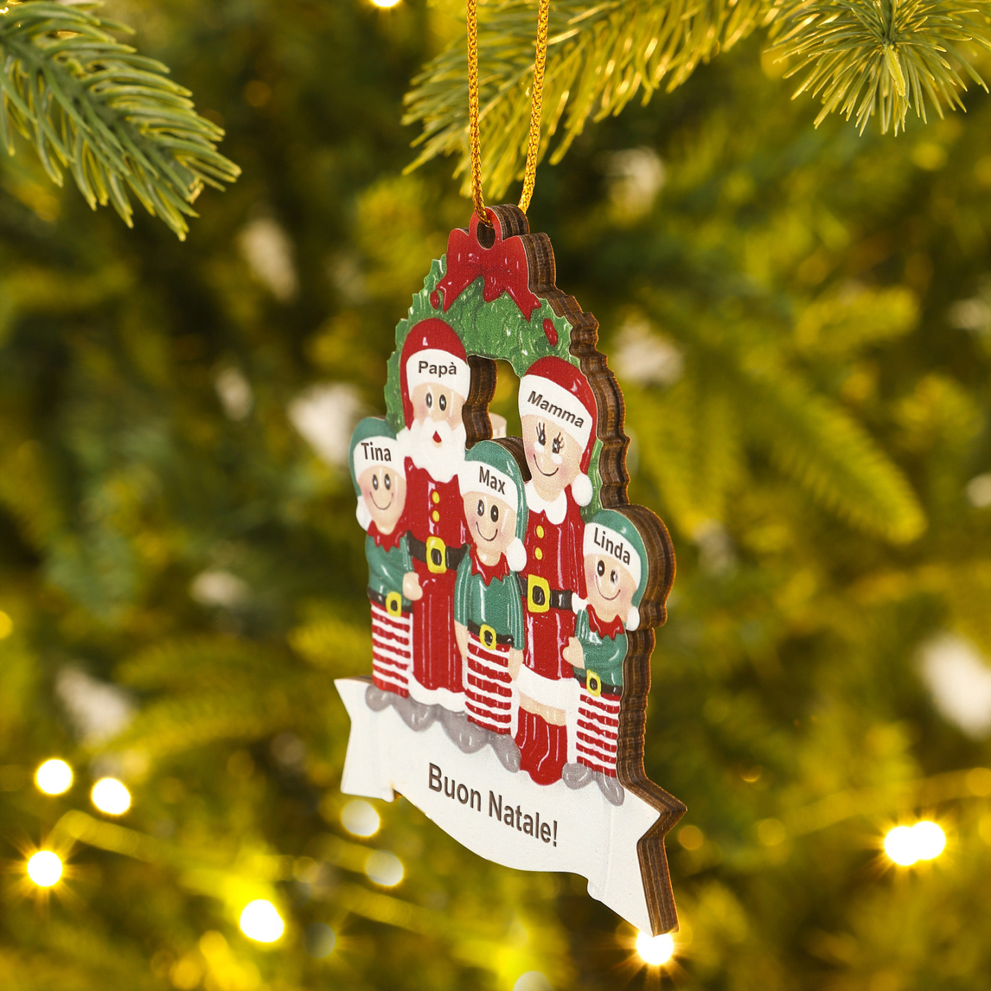 Ornamento Natalizio in Legno a Forma di Albero per Famiglia con 2-5 Nomi Personalizzati e 1 Testo, Regalo di Natale per la Famiglia | Jessemade