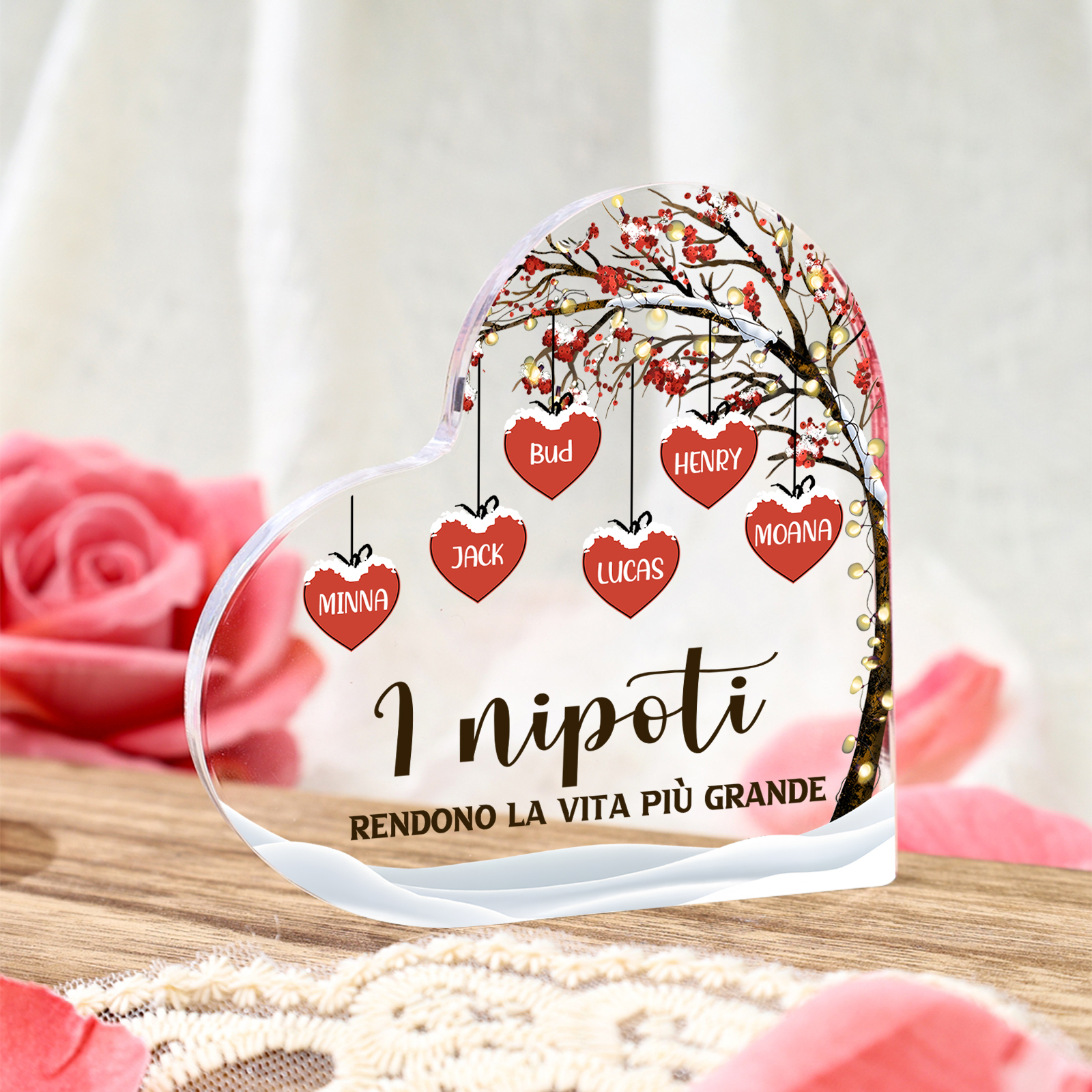 Decorazione Cuore Albero della Vita Personalizzata - 1-7 Nomi e 2 Testi Personalizzabili - Regalo di Natale per Famiglia | Jessemade