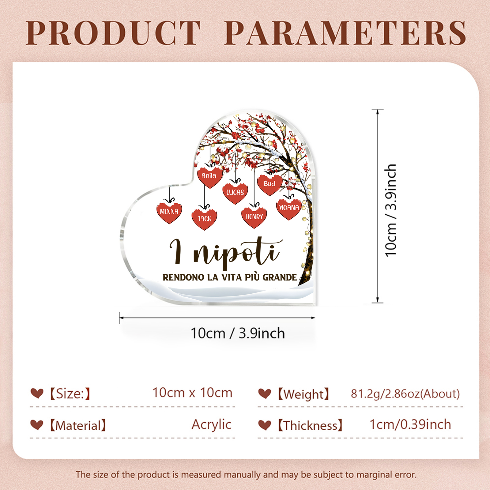 Decorazione Cuore Albero della Vita Personalizzata - 1-7 Nomi e 2 Testi Personalizzabili - Regalo di Natale per Famiglia | Jessemade