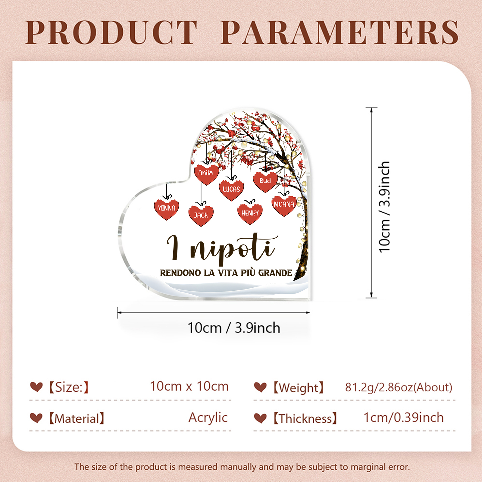 Decorazione Cuore Albero della Vita Personalizzata - 1-7 Nomi e 2 Testi Personalizzabili - Regalo di Natale per Famiglia | Jessemade