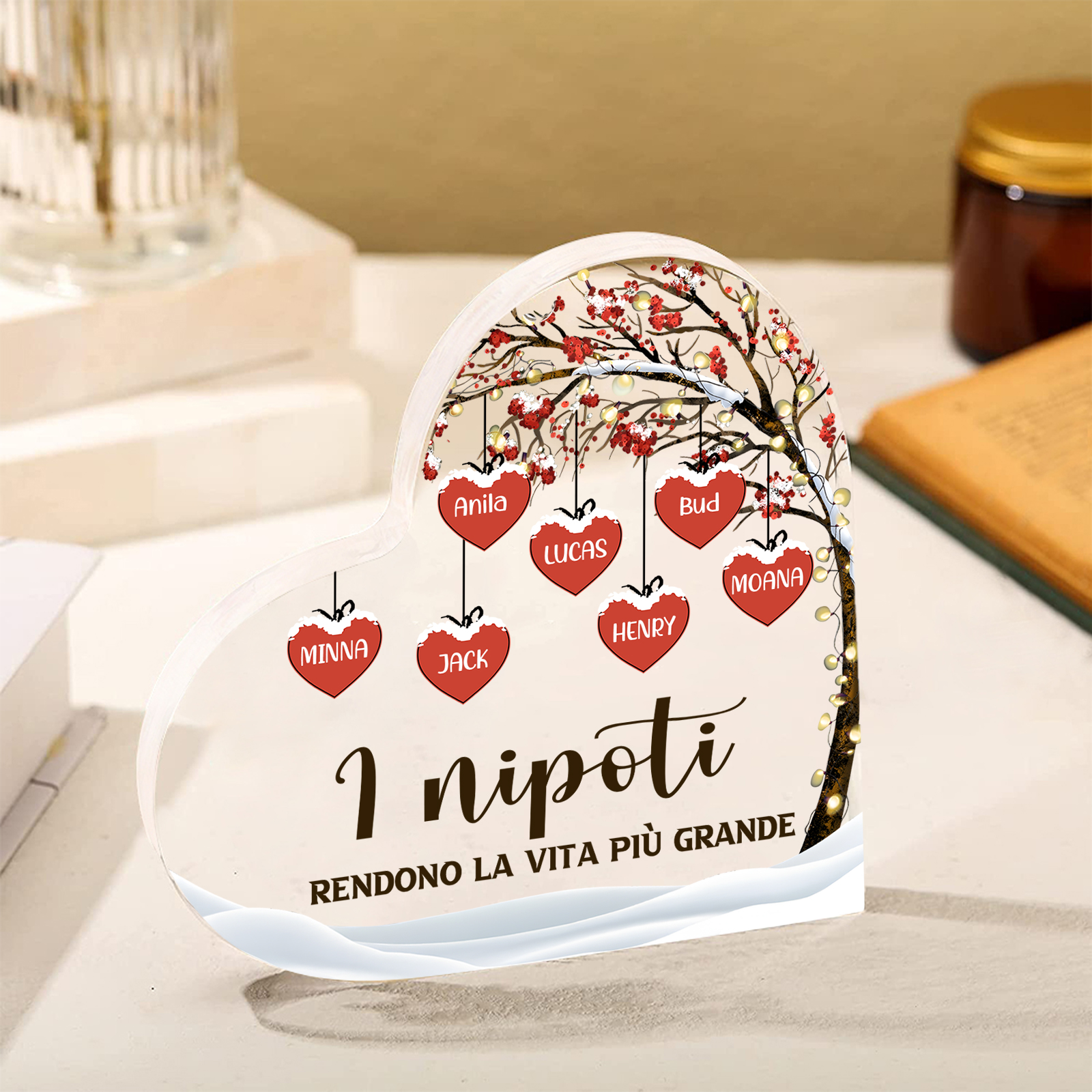Decorazione Cuore Albero della Vita Personalizzata - 1-7 Nomi e 2 Testi Personalizzabili - Regalo di Natale per Famiglia | Jessemade
