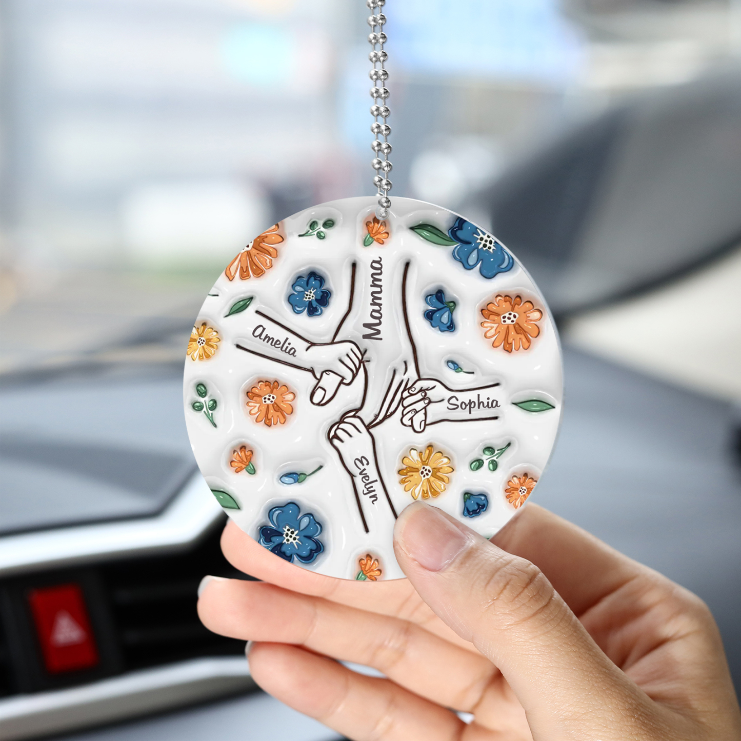 Decorazione Natalizia Personalizzata - Design Rotondo con Mano e 4 Nomi, Regalo per la Famiglia | Jessemade