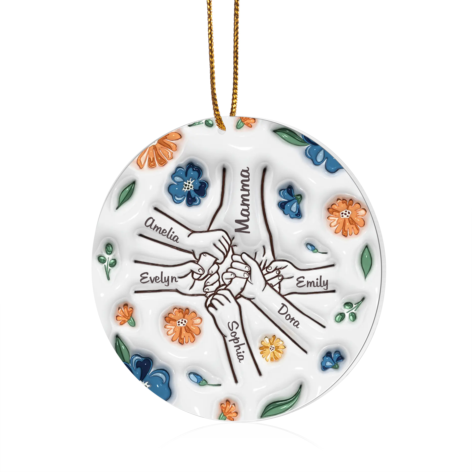 Decorazione Natalizia Personalizzata - Design Rotondo con Mano e 6 Nomi, Regalo per la Famiglia | Jessemade