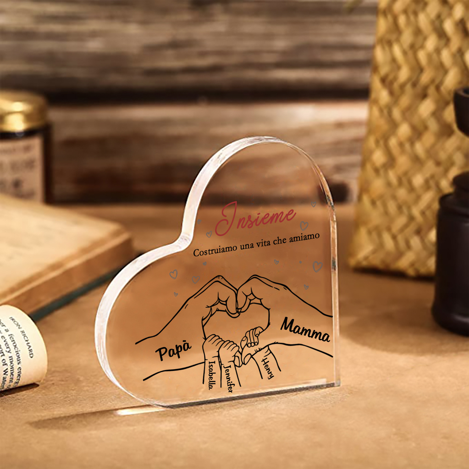 Ornamenti Acrilico a Cuore Personalizzato con 5 Nomi e 2 Testi - Regalo Unico per la Famiglia | Jessemade