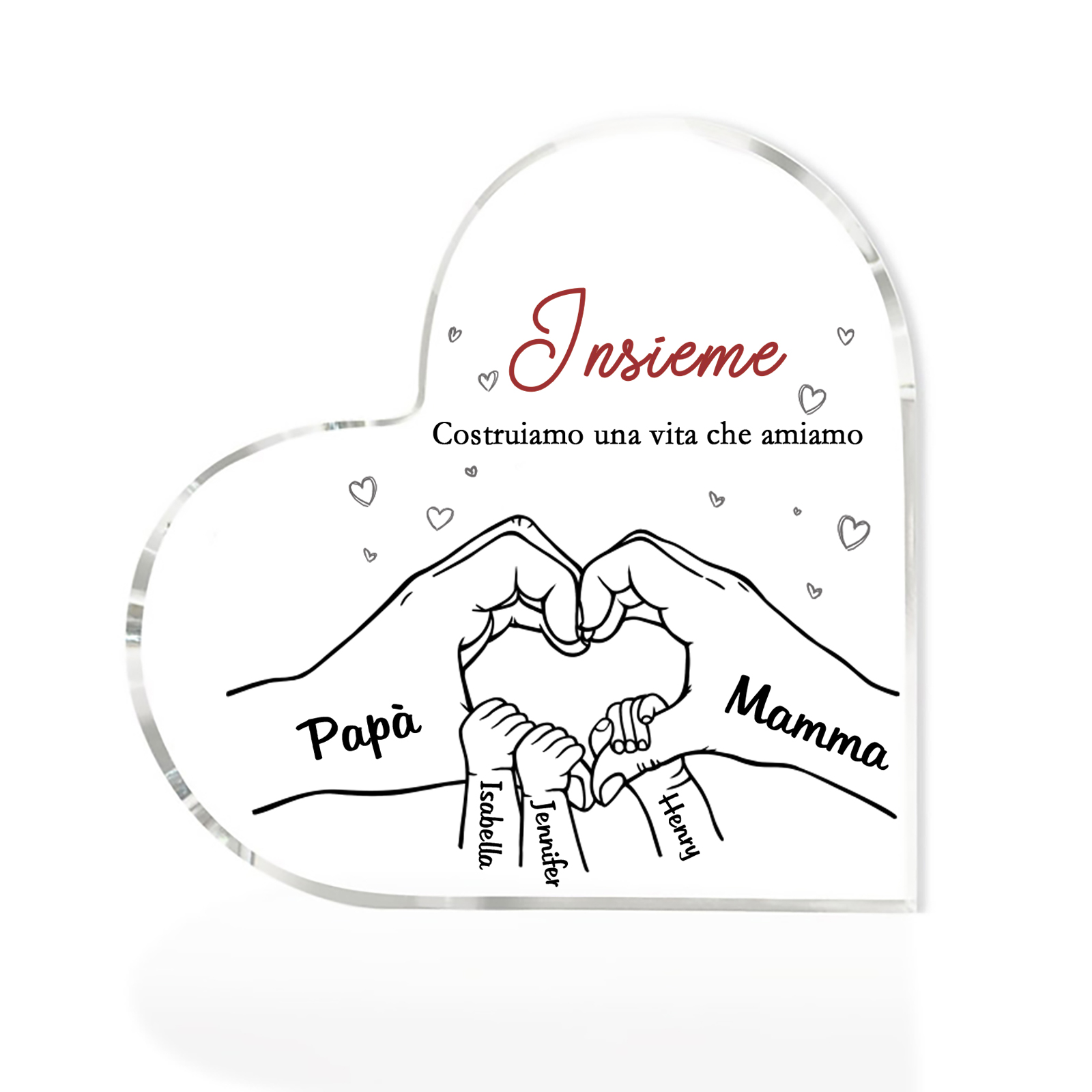 Ornamenti Acrilico a Cuore Personalizzato con 5 Nomi e 2 Testi - Regalo Unico per la Famiglia | Jessemade