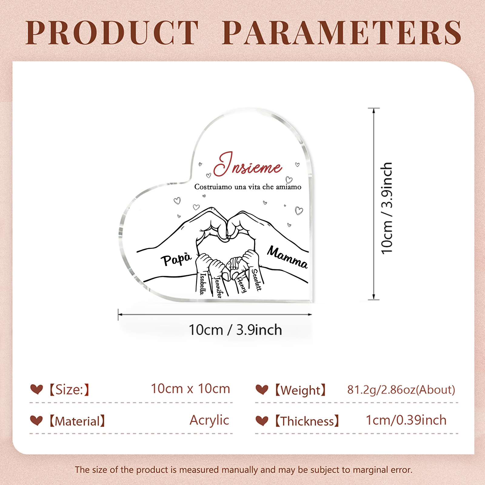 Ornamenti Acrilico a Cuore Personalizzato con 6 Nomi e 2 Testi - Regalo Unico per la Famiglia | Jessemade