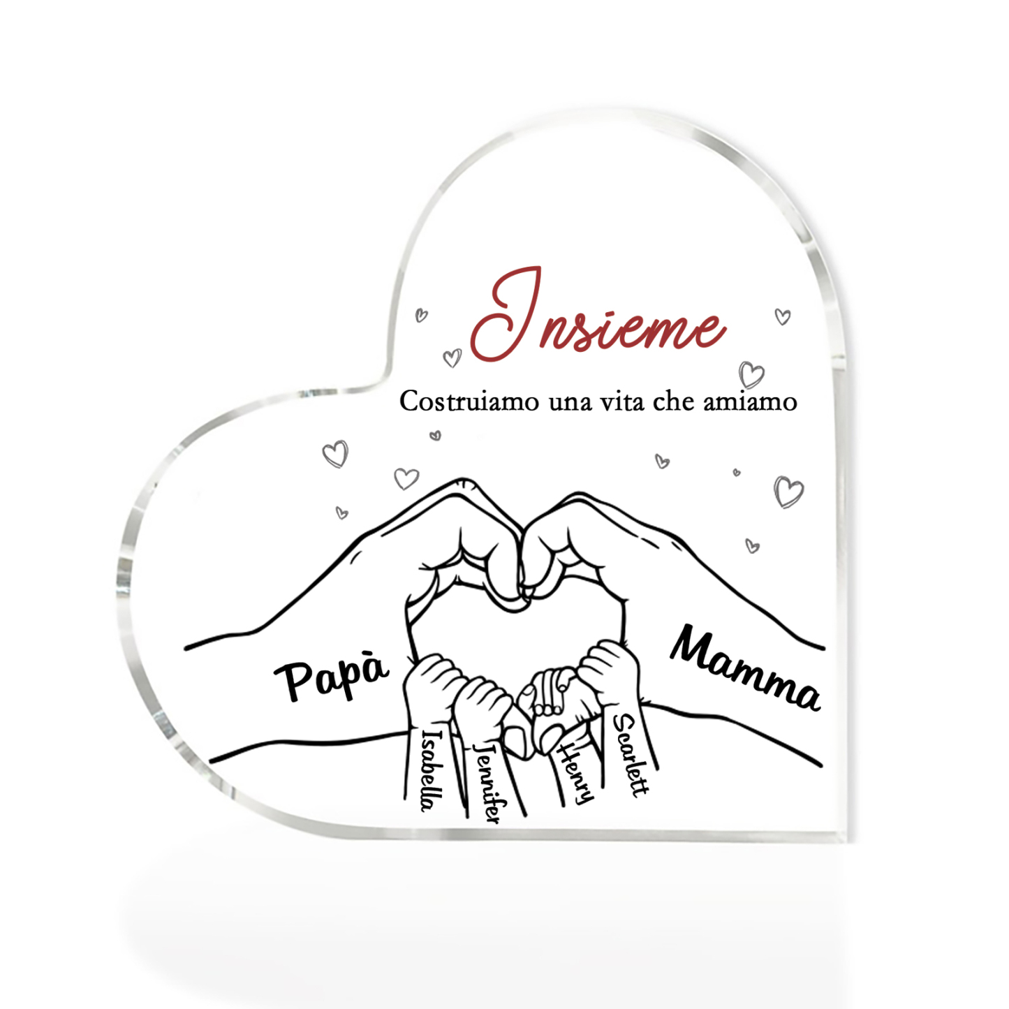 Ornamenti Acrilico a Cuore Personalizzato con 6 Nomi e 2 Testi - Regalo Unico per la Famiglia | Jessemade