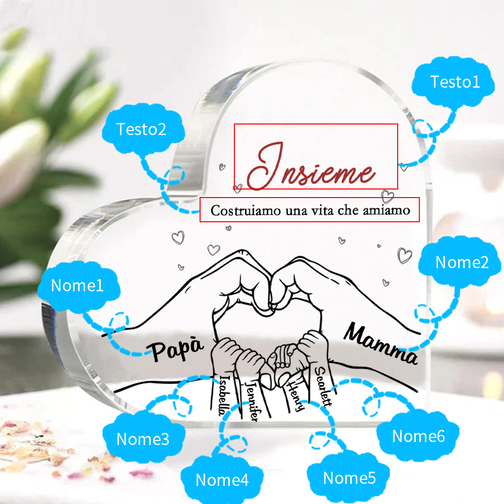 Ornamenti Acrilico a Cuore Personalizzato con 6 Nomi e 2 Testi - Regalo Unico per la Famiglia | Jessemade