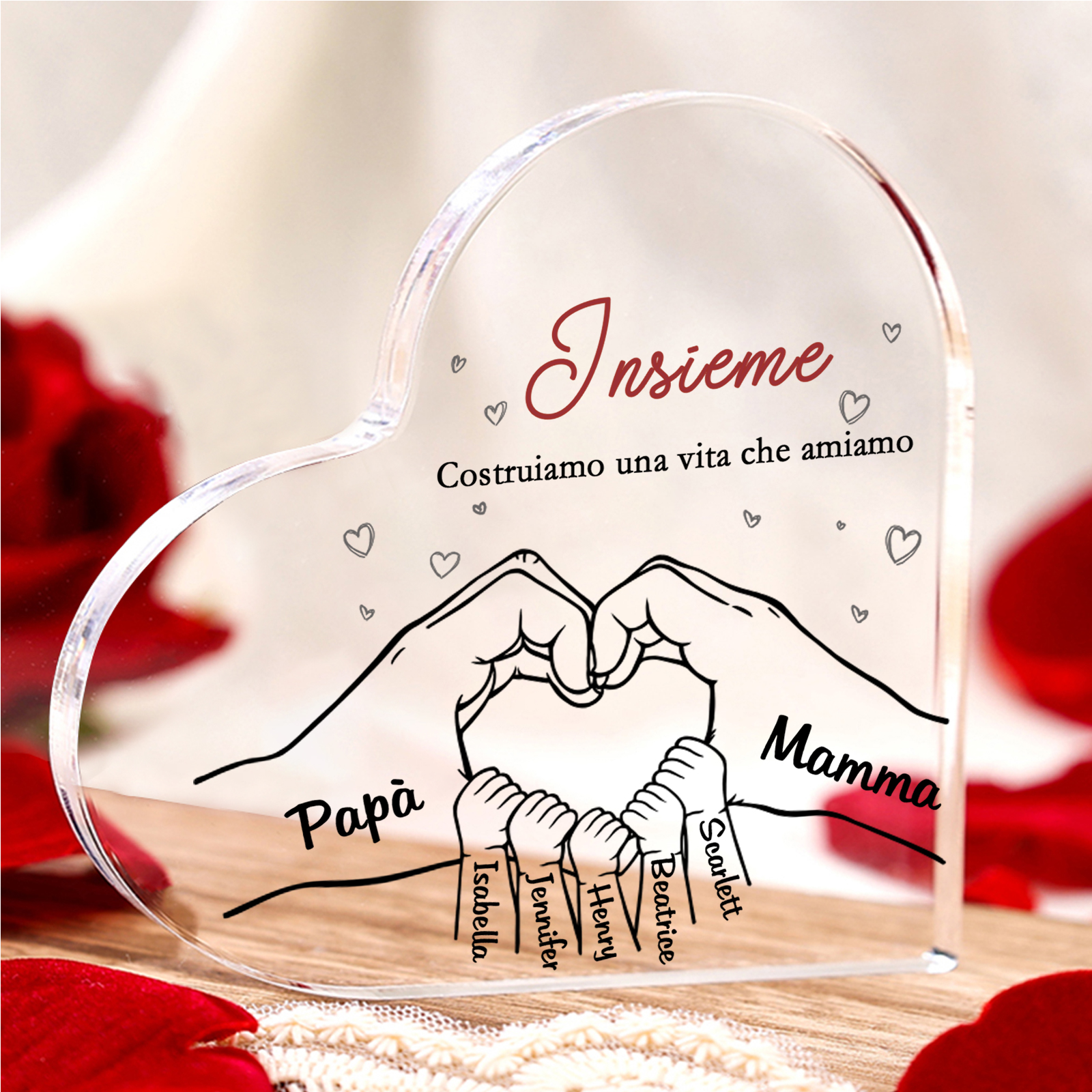 Ornamenti Acrilico a Cuore Personalizzato con 7 Nomi e 2 Testi - Regalo Unico per la Famiglia | Jessemade