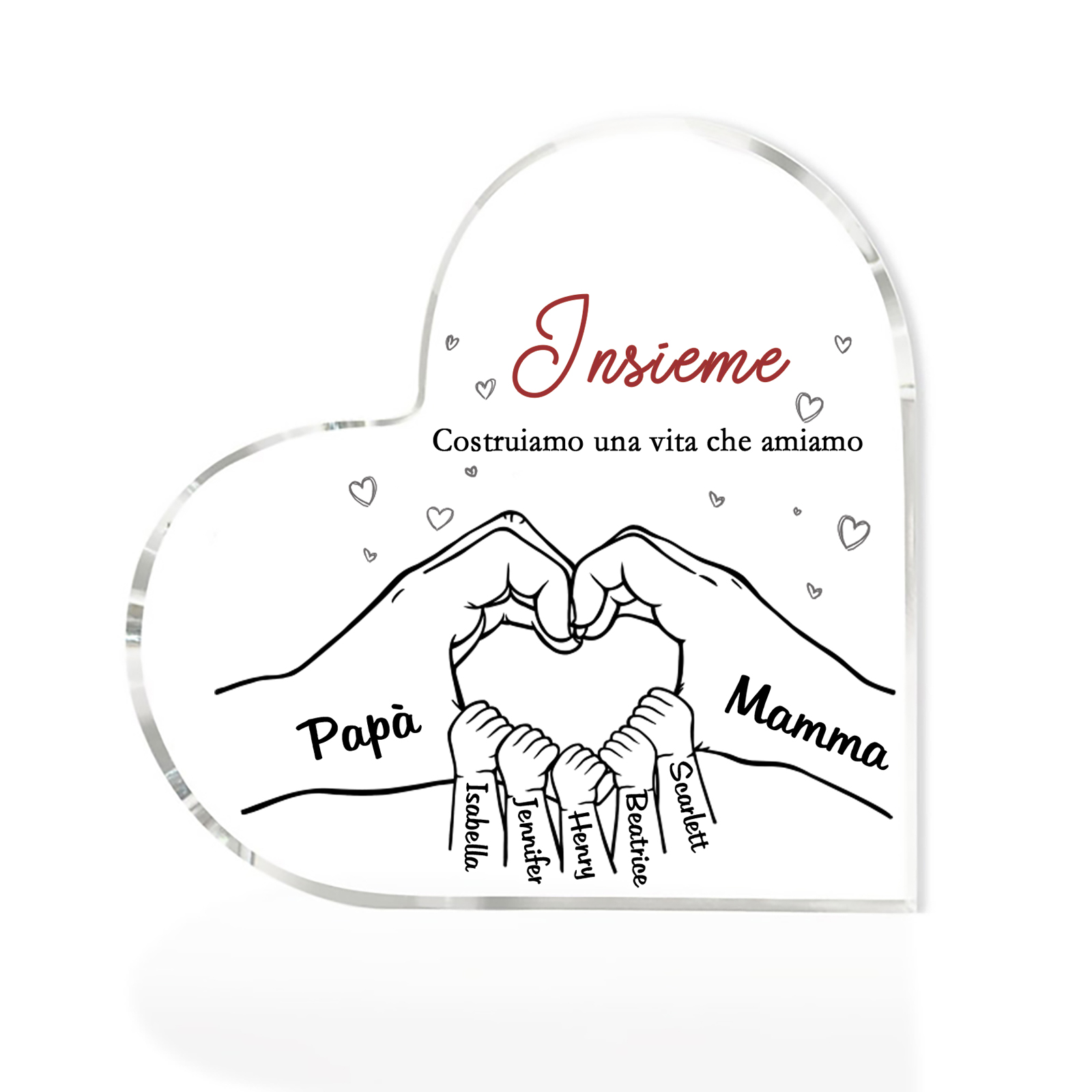 Ornamenti Acrilico a Cuore Personalizzato con 7 Nomi e 2 Testi - Regalo Unico per la Famiglia | Jessemade