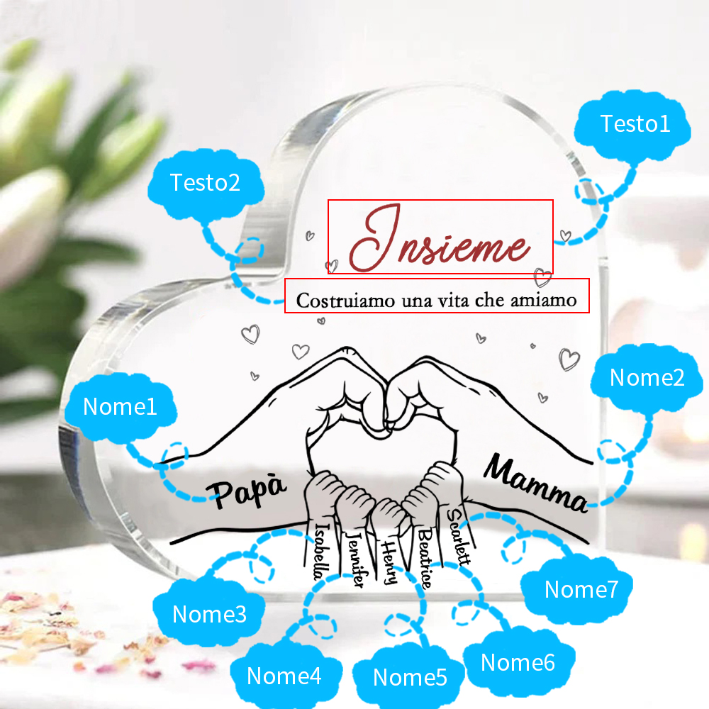 Ornamenti Acrilico a Cuore Personalizzato con 7 Nomi e 2 Testi - Regalo Unico per la Famiglia | Jessemade