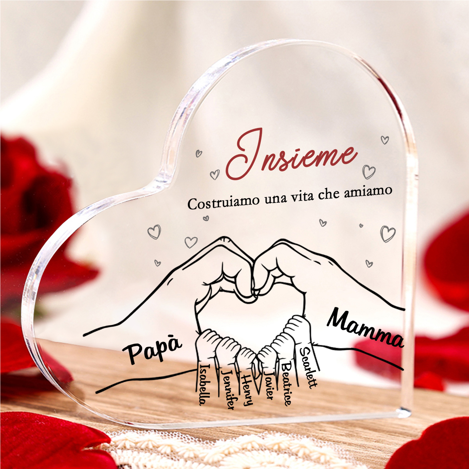 Ornamenti Acrilico a Cuore Personalizzato con 8 Nomi e 2 Testi - Regalo Unico per la Famiglia | Jessemade