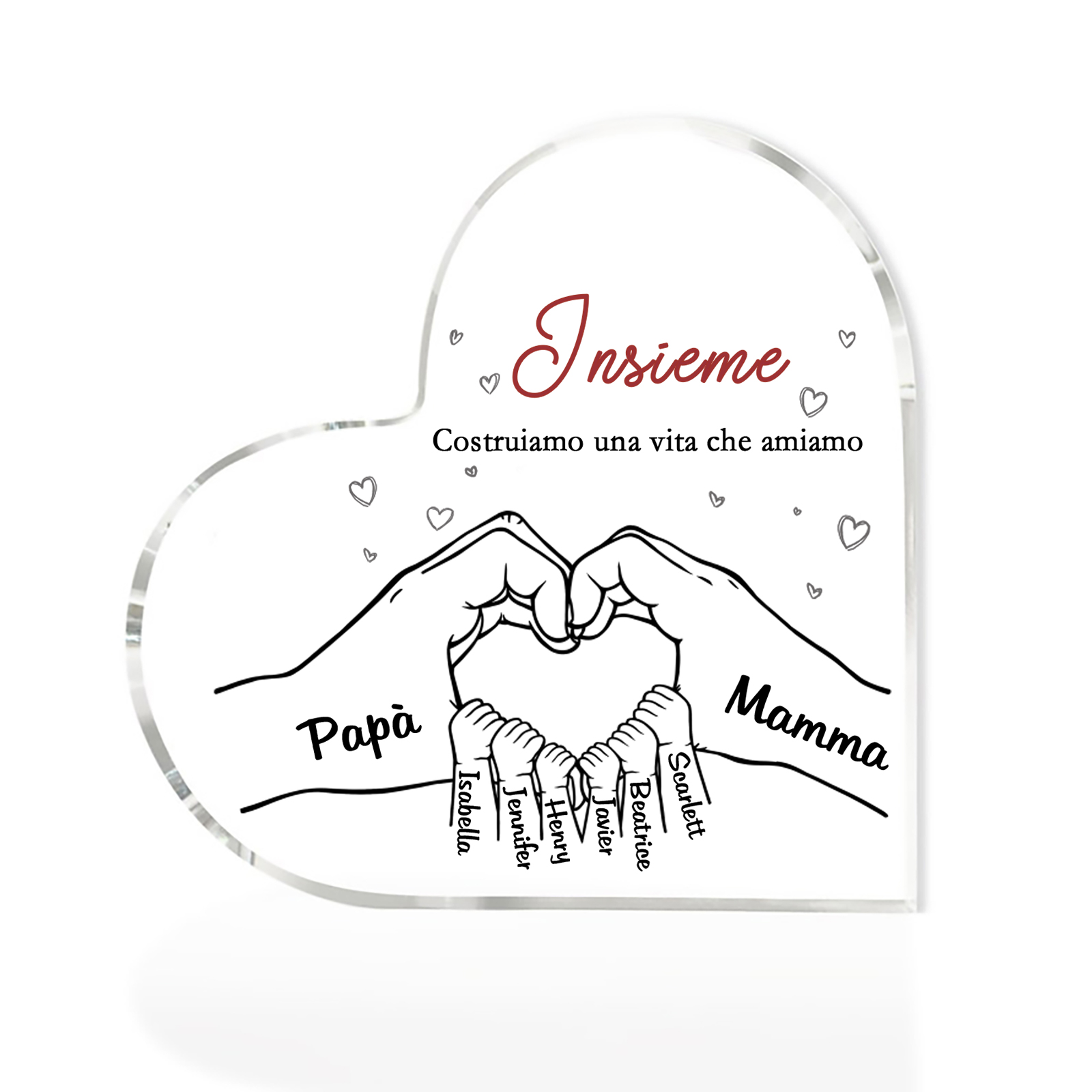 Ornamenti Acrilico a Cuore Personalizzato con 8 Nomi e 2 Testi - Regalo Unico per la Famiglia | Jessemade
