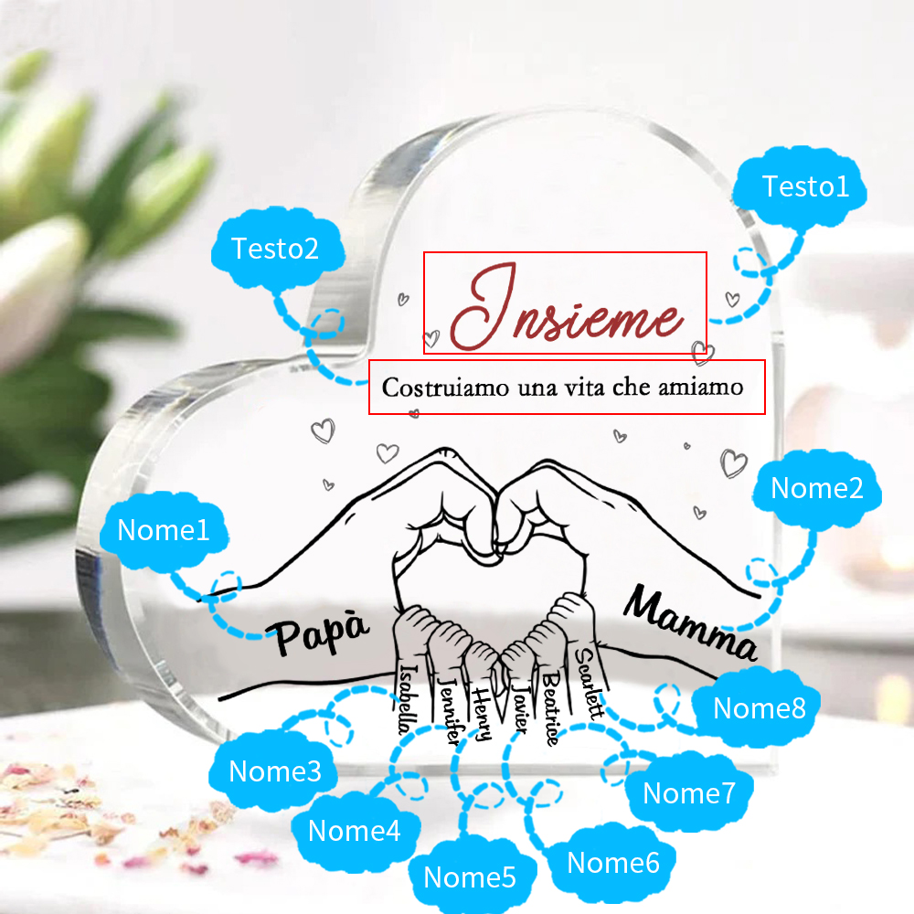 Ornamenti Acrilico a Cuore Personalizzato con 8 Nomi e 2 Testi - Regalo Unico per la Famiglia | Jessemade