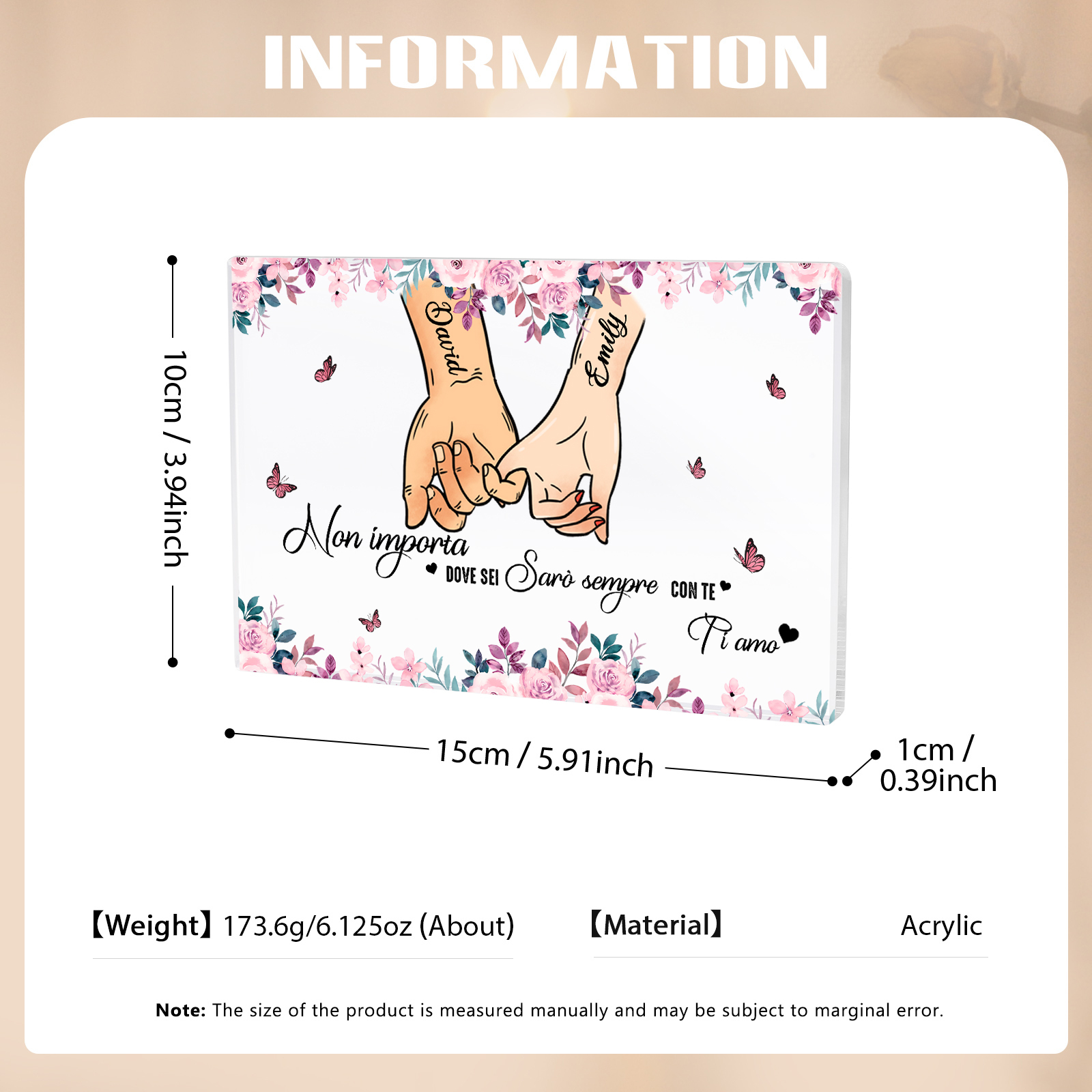 Decorazione Personalizzata in Acrilico Rettangolare con 2 Nomi - "Non importa dove sei, sarò sempre con te" - Regalo di Natale per Lui/Lei | Jessemade