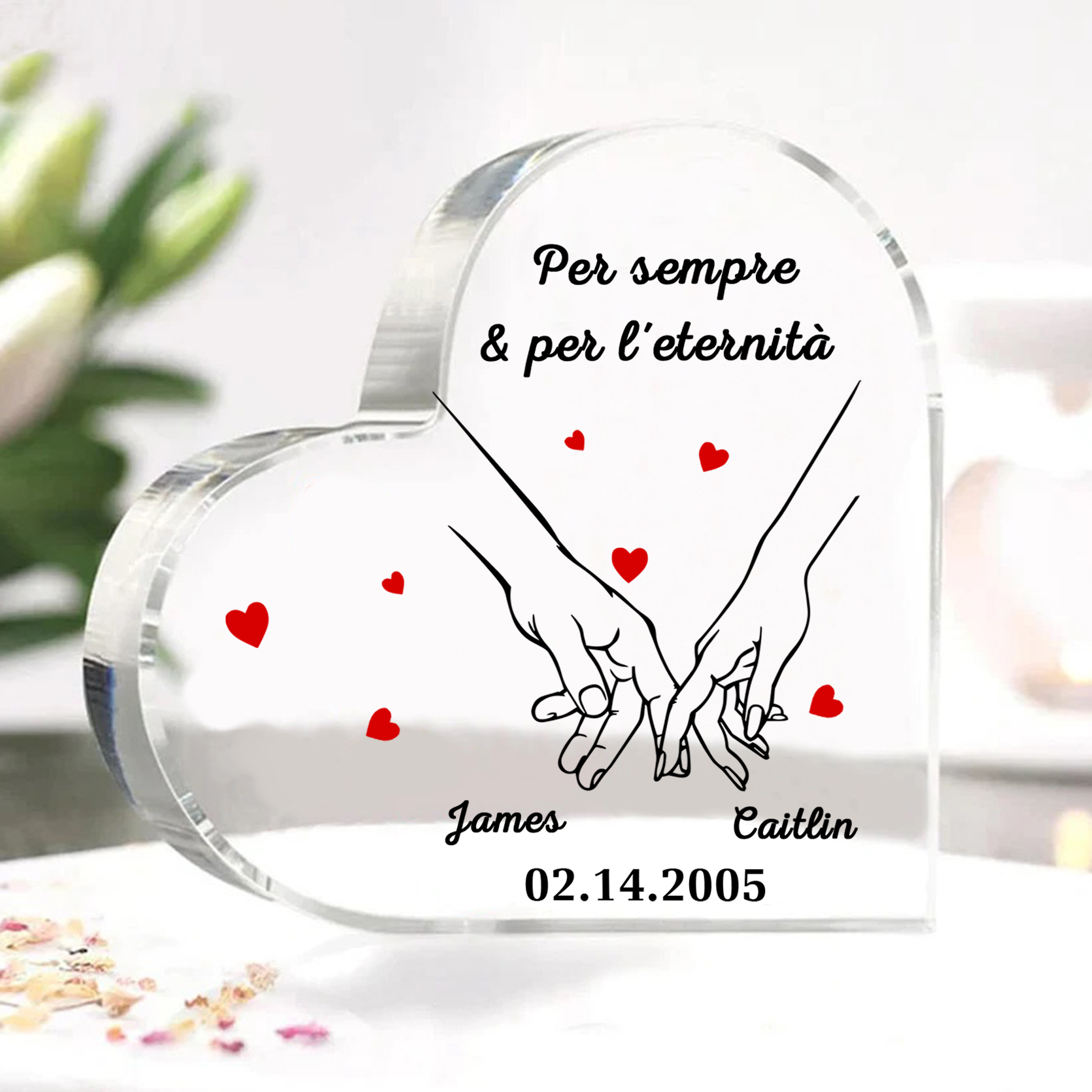 Decorazione Personalizzata in Acrilico a Forma di Cuore con 2 Nomi e 1 Data - "Per sempre & per l'eternità" - Regalo di Natale per Lui/Lei | Jessemade