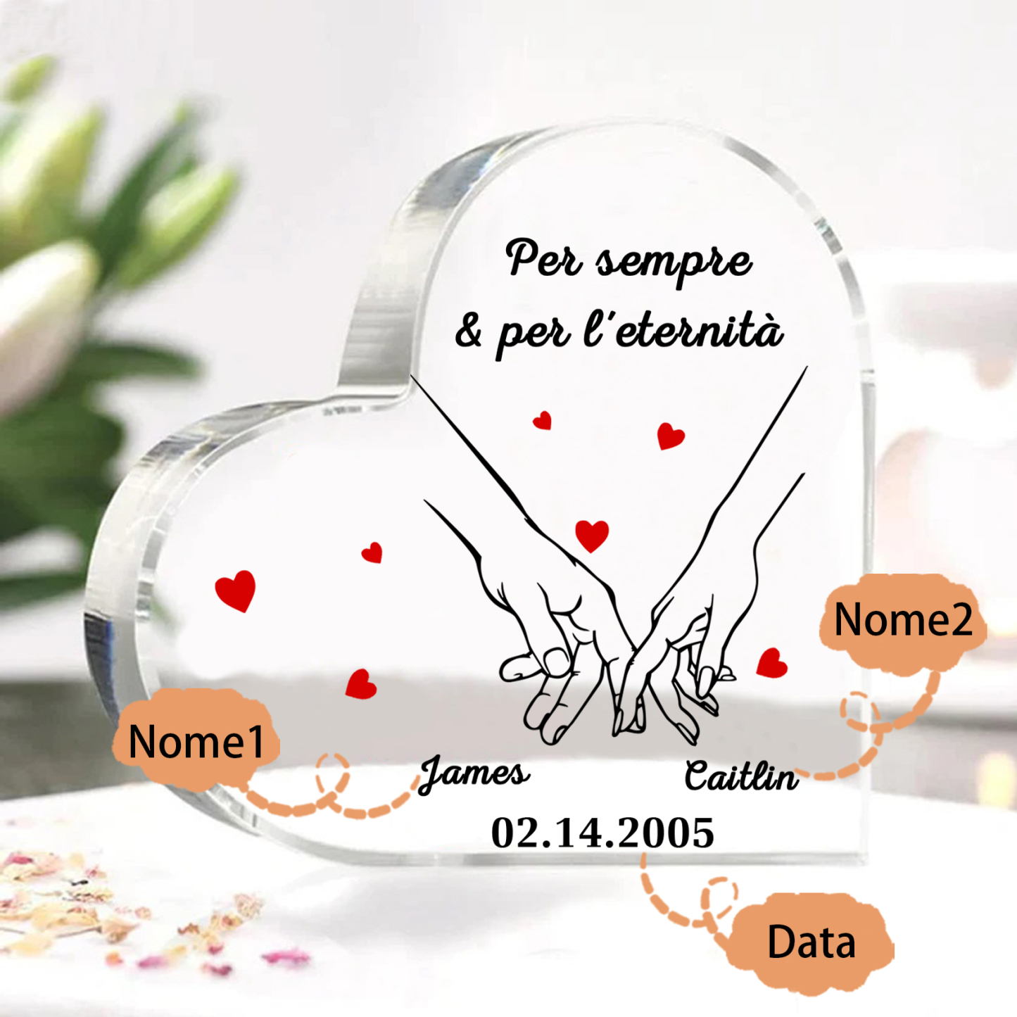 Decorazione Personalizzata in Acrilico a Forma di Cuore con 2 Nomi e 1 Data - "Per sempre & per l'eternità" - Regalo di Natale per Lui/Lei | Jessemade