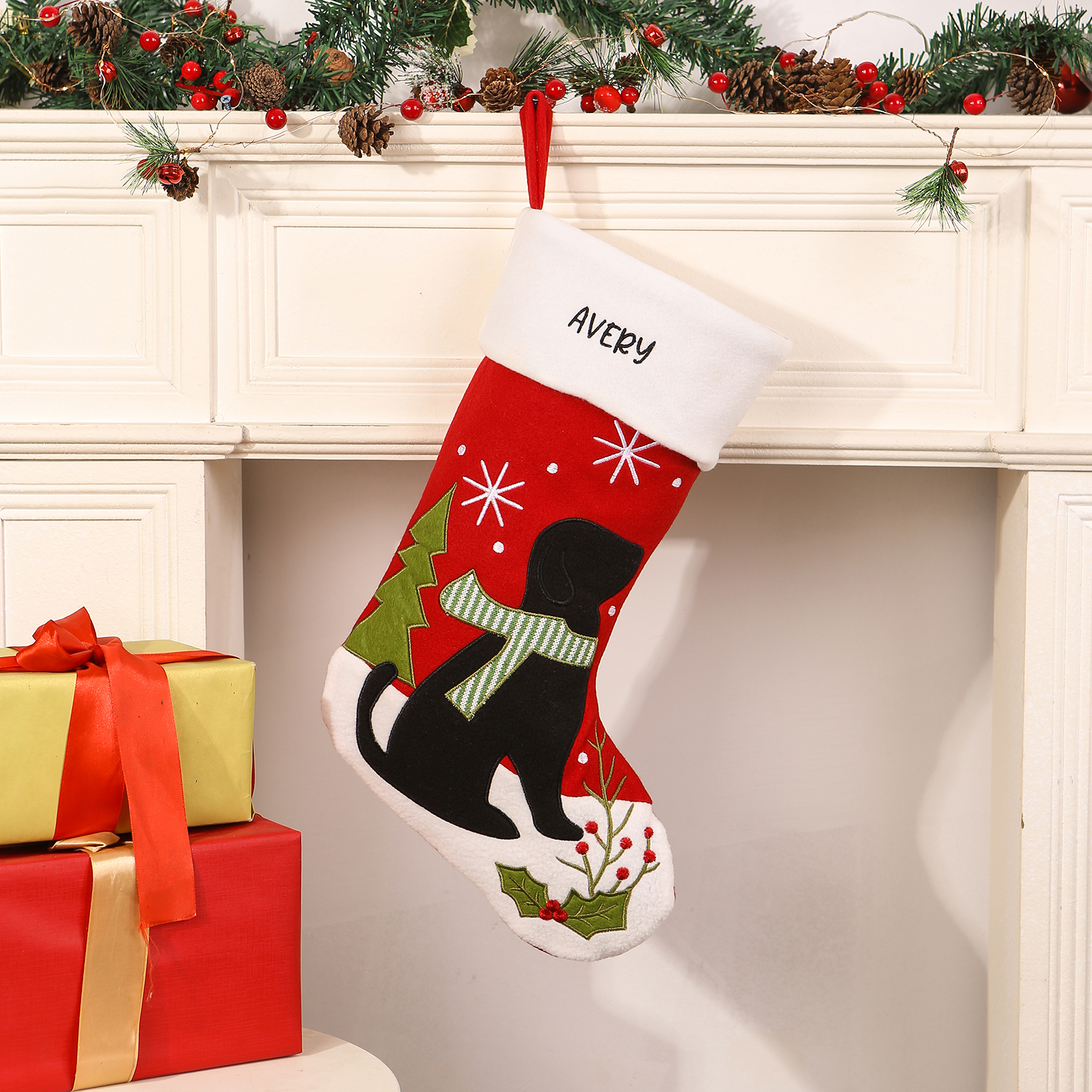 Calza Natalizia Personalizzata - Poliestere, Nome Personalizzato, Motivo Cane o Gatto, Regalo di Natale per Famiglia | Jessemade
