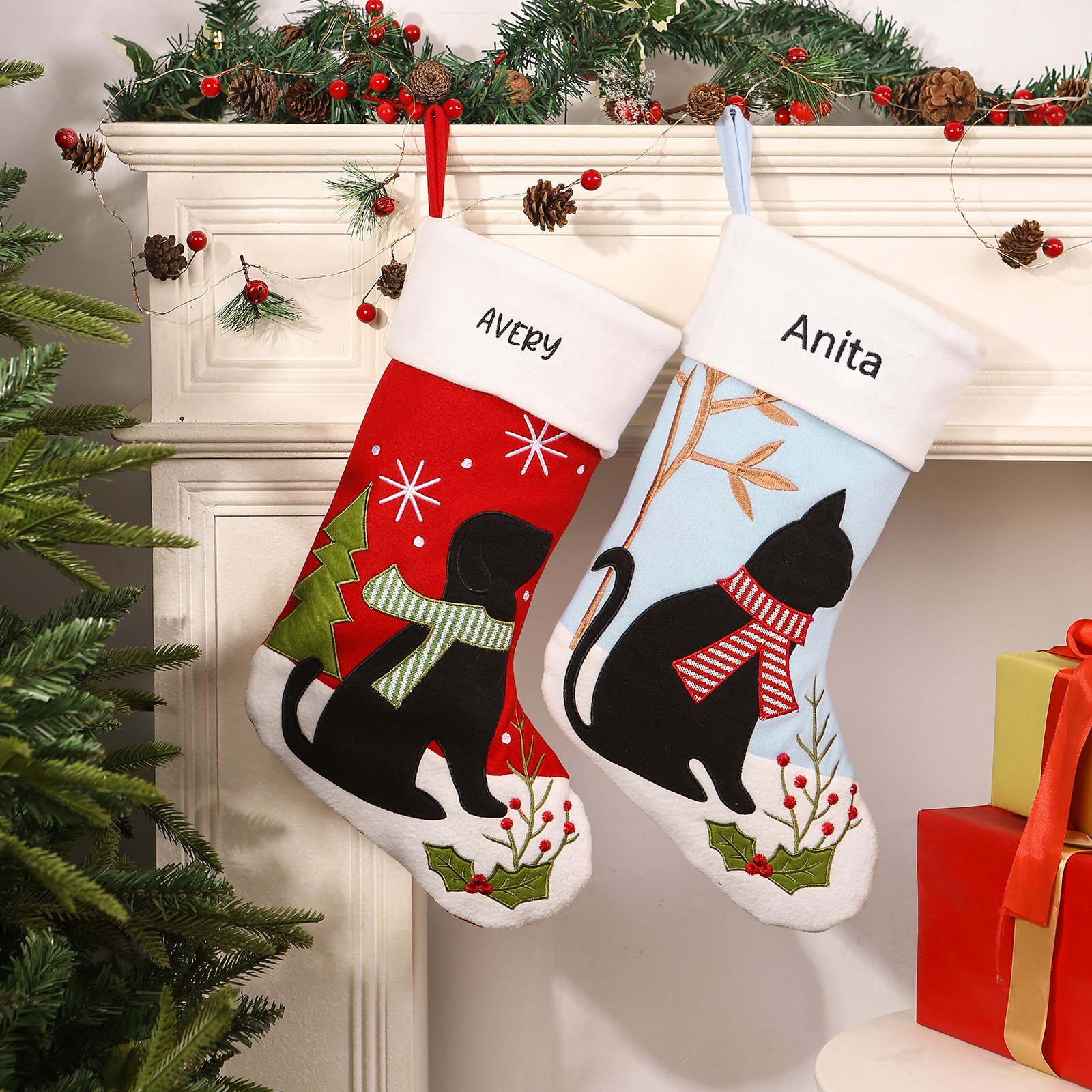 Calza Natalizia Personalizzata - Poliestere, Nome Personalizzato, Motivo Cane o Gatto, Regalo di Natale per Famiglia | Jessemade