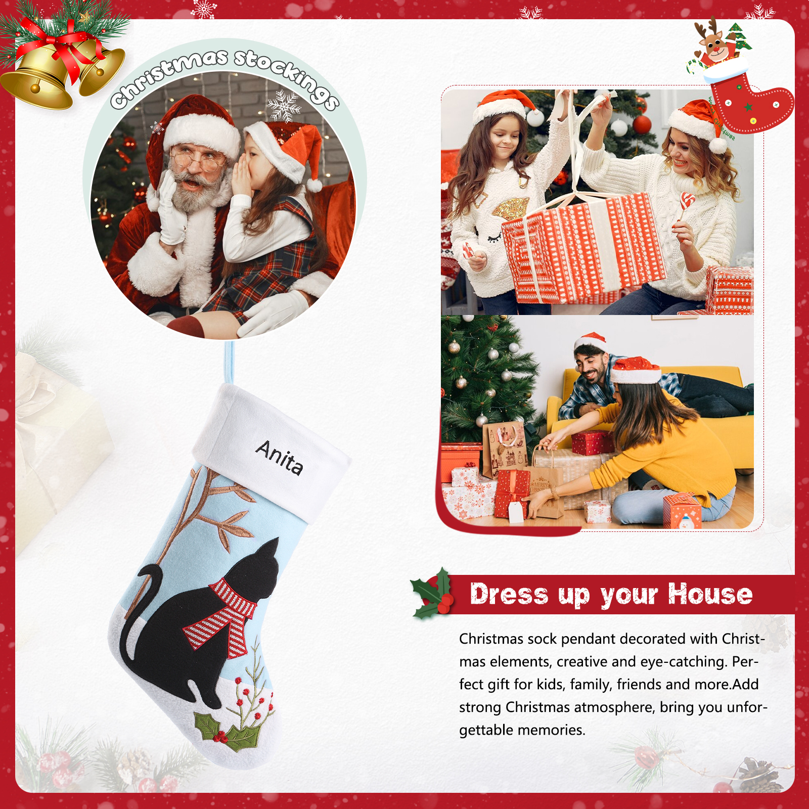 Calza Natalizia Personalizzata - Poliestere, Nome Personalizzato, Motivo Cane o Gatto, Regalo di Natale per Famiglia | Jessemade
