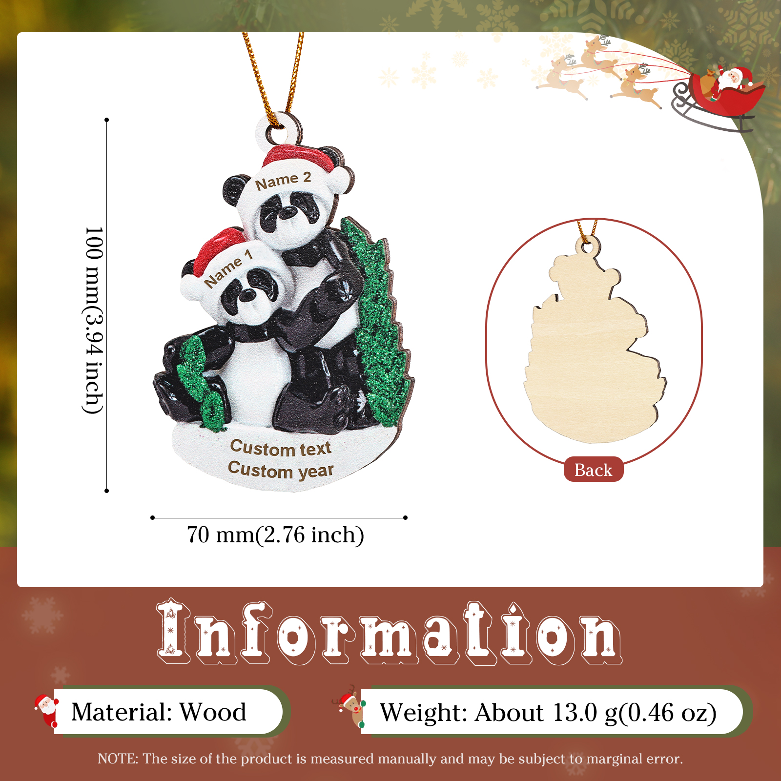 Decorazione Natalizia in Legno con Panda - Personalizza 2 Nomi, 1 Testo e 1 Data - Regalo di Natale per Famiglia | Jessemade