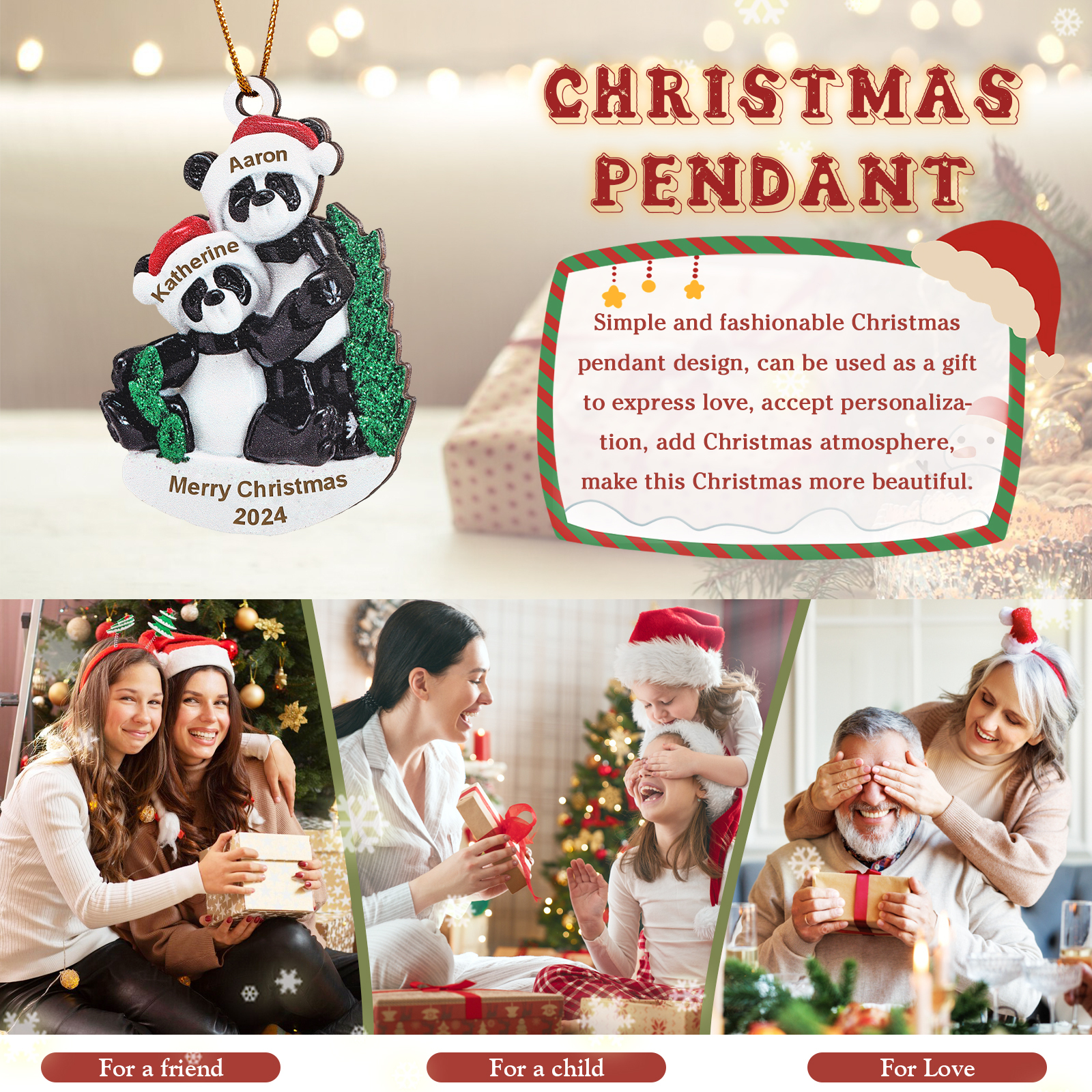 Decorazione Natalizia in Legno con Panda - Personalizza 2 Nomi, 1 Testo e 1 Data - Regalo di Natale per Famiglia | Jessemade