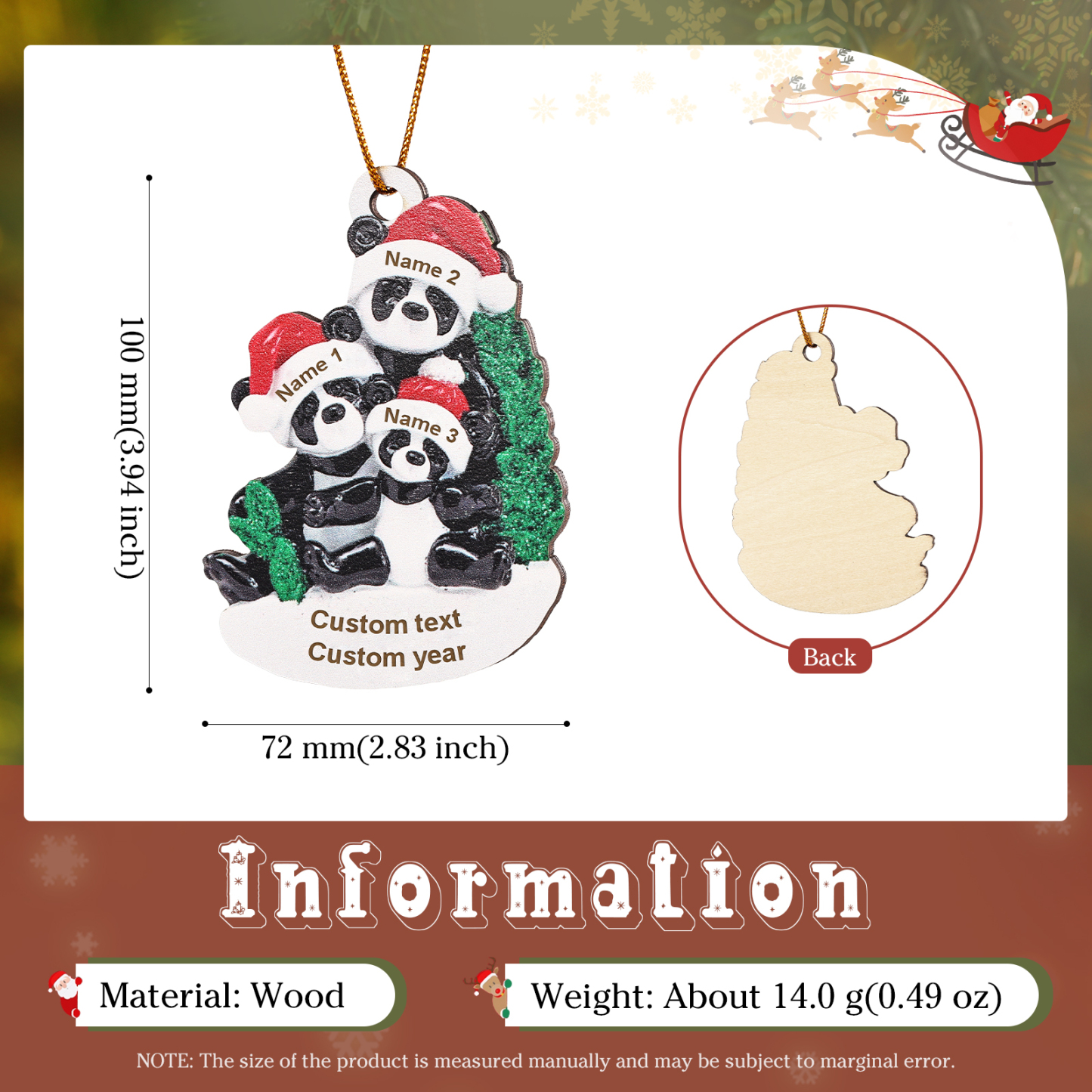 Decorazione Natalizia in Legno con Panda - Personalizza 3 Nomi, 1 Testo e 1 Data - Regalo di Natale per Famiglia | Jessemade
