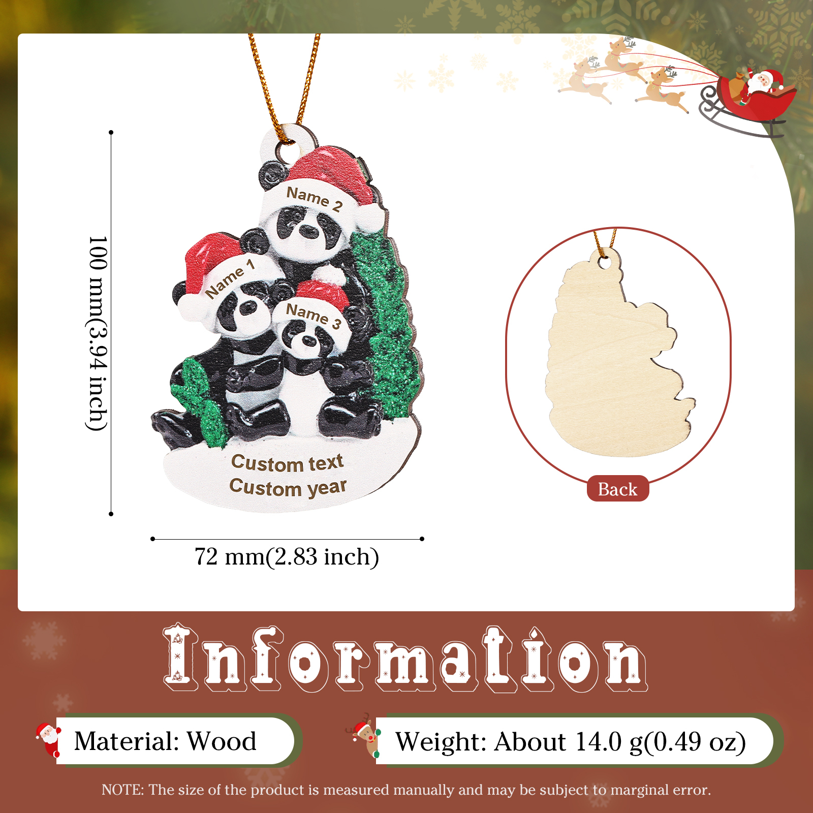 Decorazione Natalizia in Legno con Panda - Personalizza 3 Nomi, 1 Testo e 1 Data - Regalo di Natale per Famiglia | Jessemade