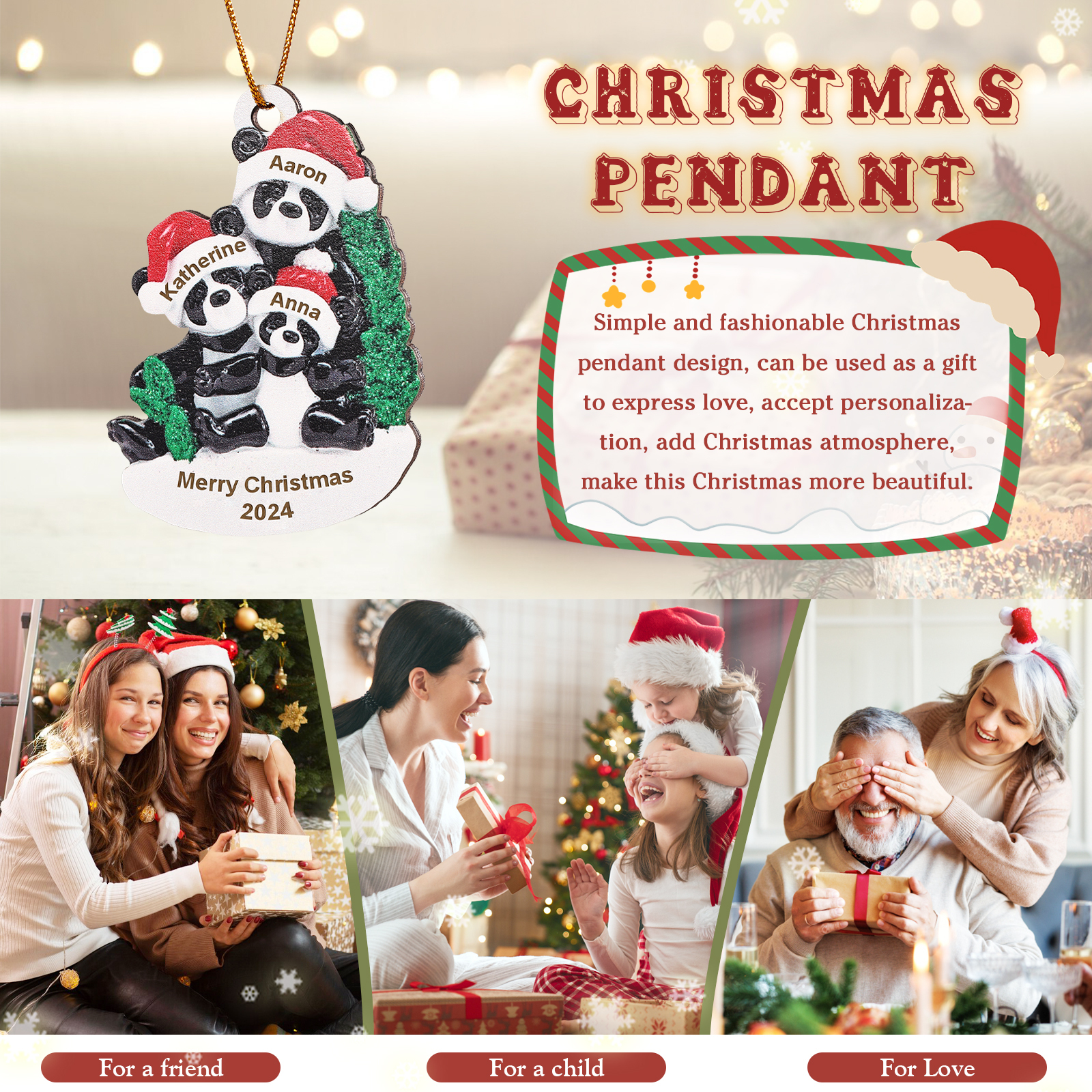 Decorazione Natalizia in Legno con Panda - Personalizza 3 Nomi, 1 Testo e 1 Data - Regalo di Natale per Famiglia | Jessemade