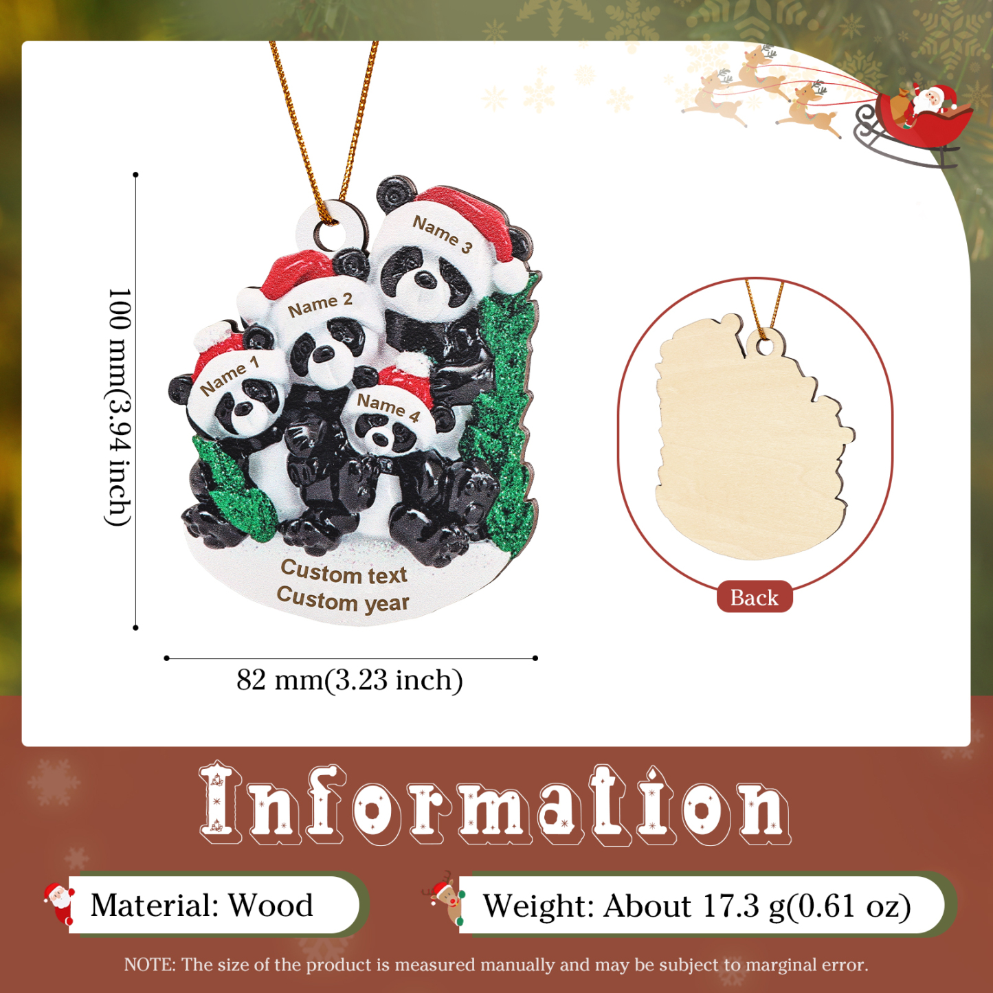 Decorazione Natalizia in Legno con Panda - Personalizza 4 Nomi, 1 Testo e 1 Data - Regalo di Natale per Famiglia | Jessemade