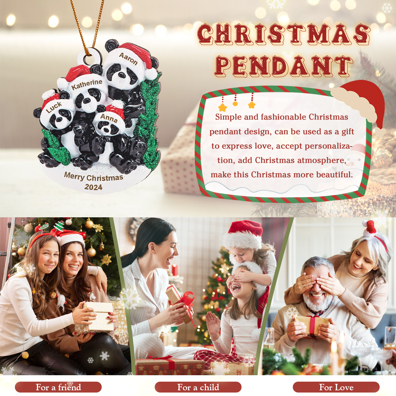 Decorazione Natalizia in Legno con Panda - Personalizza 4 Nomi, 1 Testo e 1 Data - Regalo di Natale per Famiglia | Jessemade