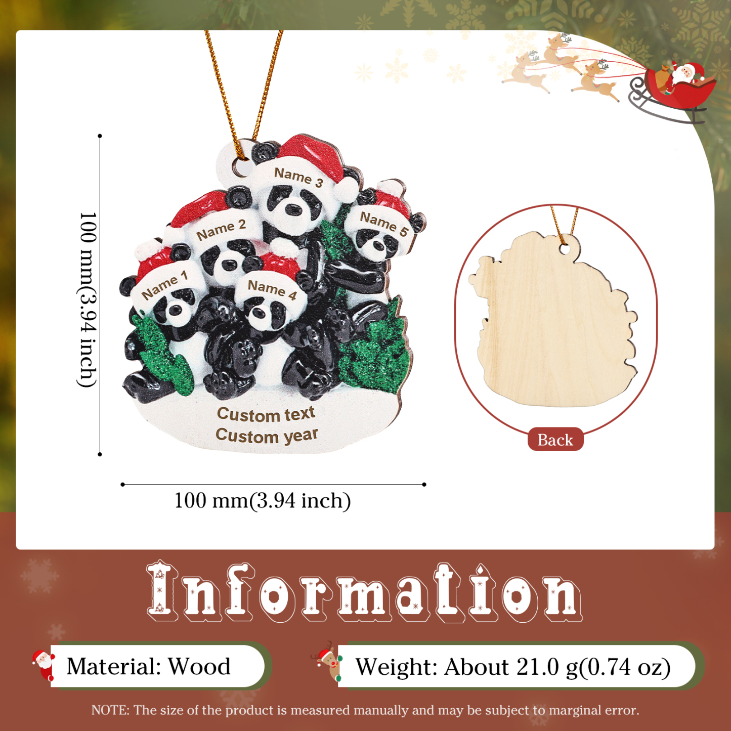 Decorazione Natalizia in Legno con Panda - Personalizza 5 Nomi, 1 Testo e 1 Data - Regalo di Natale per Famiglia | Jessemade