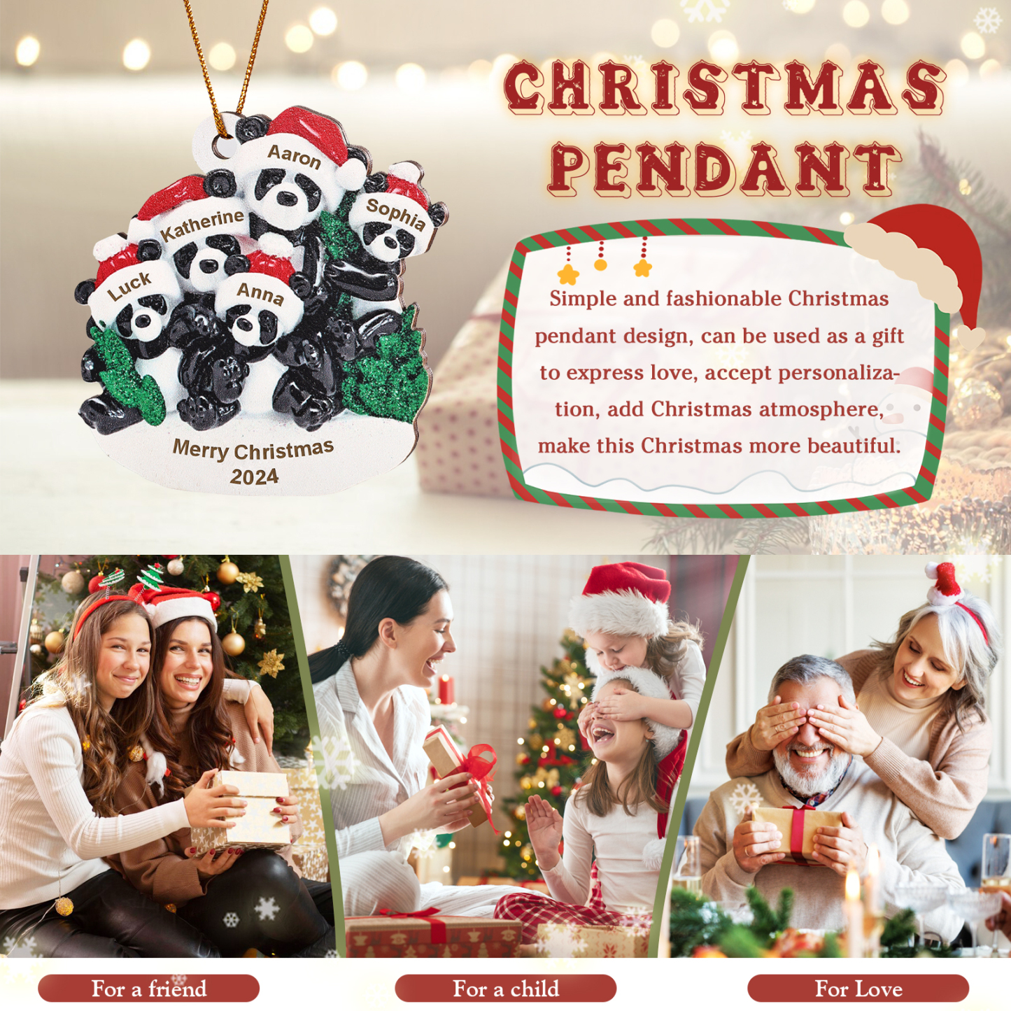 Decorazione Natalizia in Legno con Panda - Personalizza 5 Nomi, 1 Testo e 1 Data - Regalo di Natale per Famiglia | Jessemade