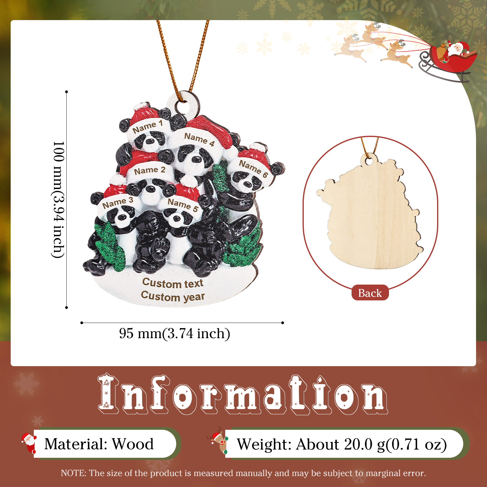 Decorazione Natalizia in Legno con Panda - Personalizza 6 Nomi, 1 Testo e 1 Data - Regalo di Natale per Famiglia | Jessemade