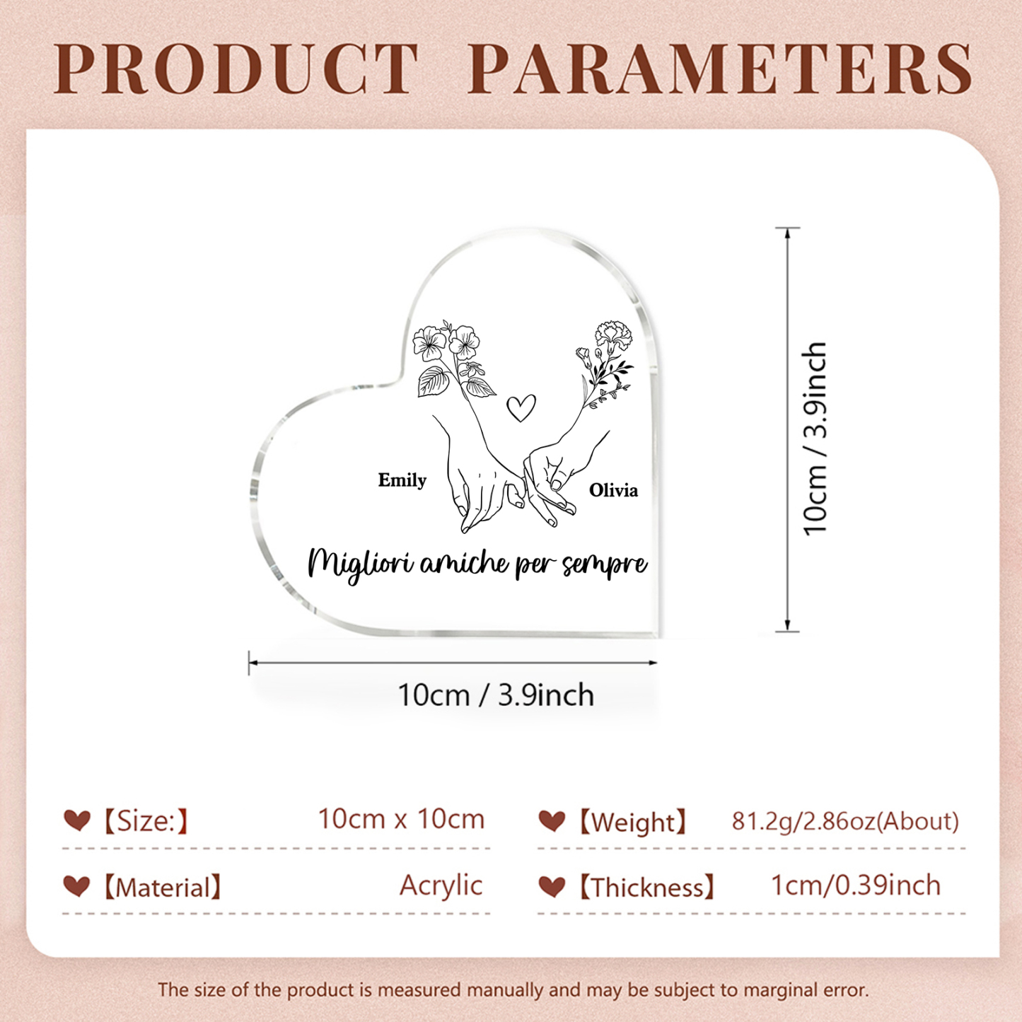 Ornamento acrilico personalizzato per amico, 2 nomi e fiori di nascita personalizzati, ornamento da scrivania a forma di cuore in acrilico per amico | Jessemade