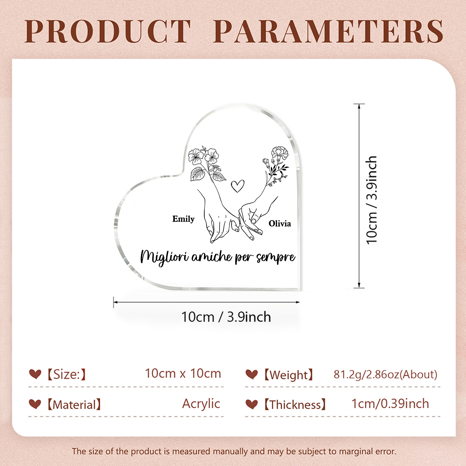 Ornamento acrilico personalizzato per amico, 2 nomi e fiori di nascita personalizzati, ornamento da scrivania a forma di cuore in acrilico per amico | Jessemade